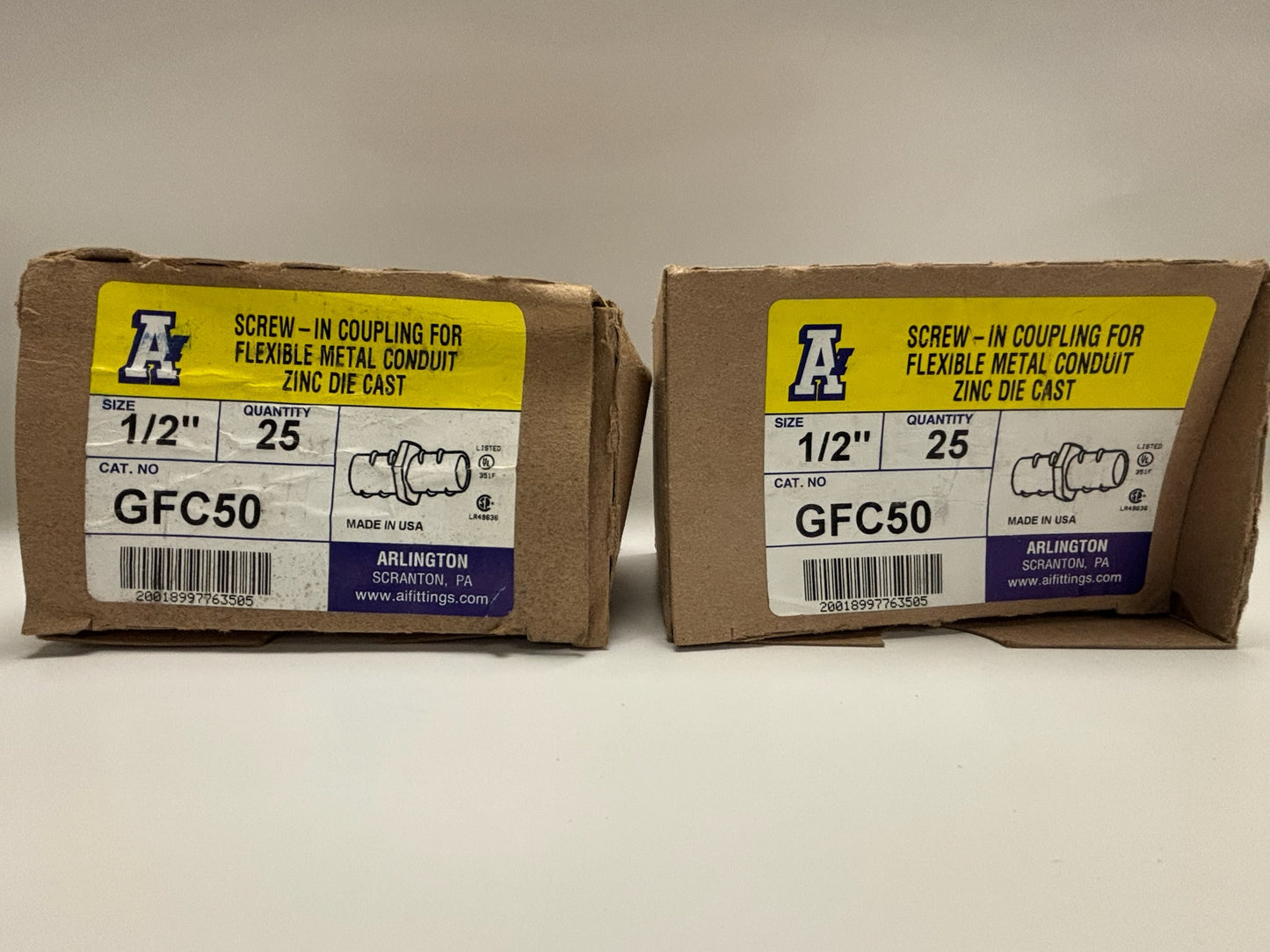 50 PK  Arlington GFC50 1/2" Zinc Die-Cast Screw-In Flex Coupling for FMC