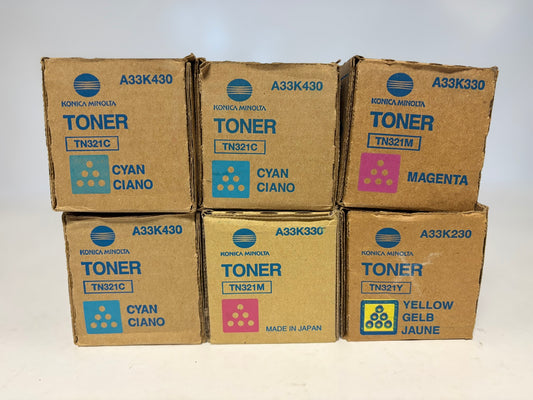 6 Genuine Konica Minolta BH C224,C284,C364,C364e TN321 CMY Toners (No Black)