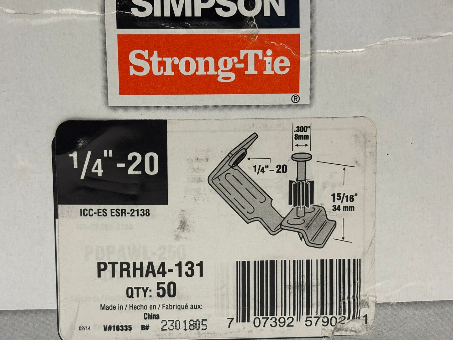 50 PK Simpson Strong‑Tie PTRHA4‑131 Powder‑Actuated Threaded Rod Hanger, 1/4″ Rod