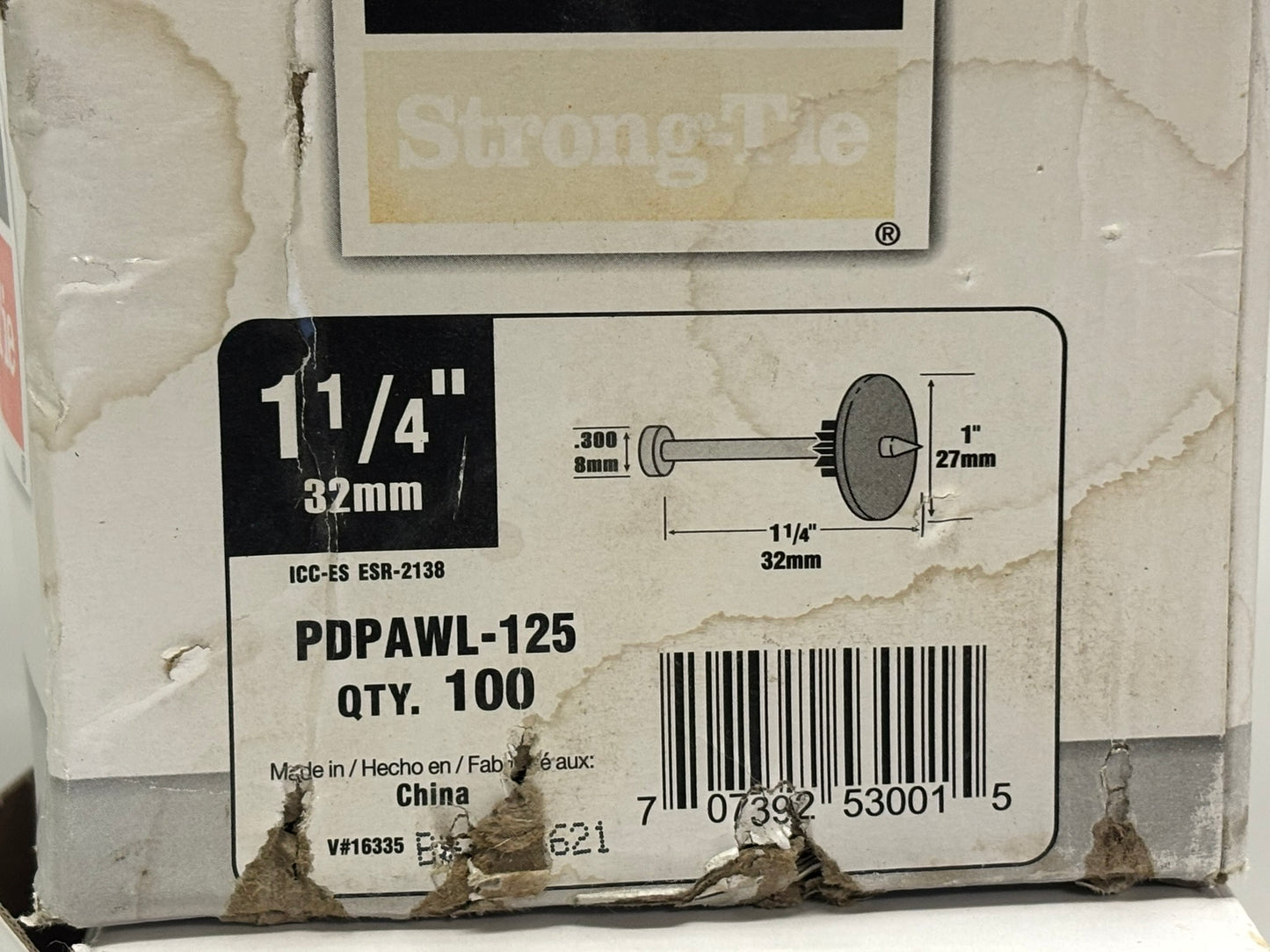 197 PK Simpson Strong‑Tie PDPAWL‑125 Washered Pin, .300 Head, 1-1/4″ Length, Steel