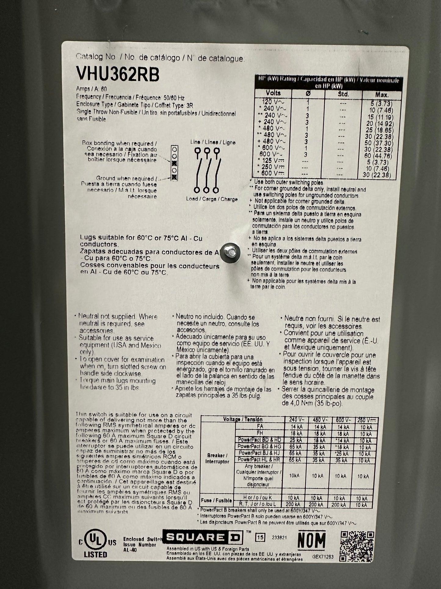 SquareD VHU362RB Heavy Duty Safety Switch Type 3R 60A 600V