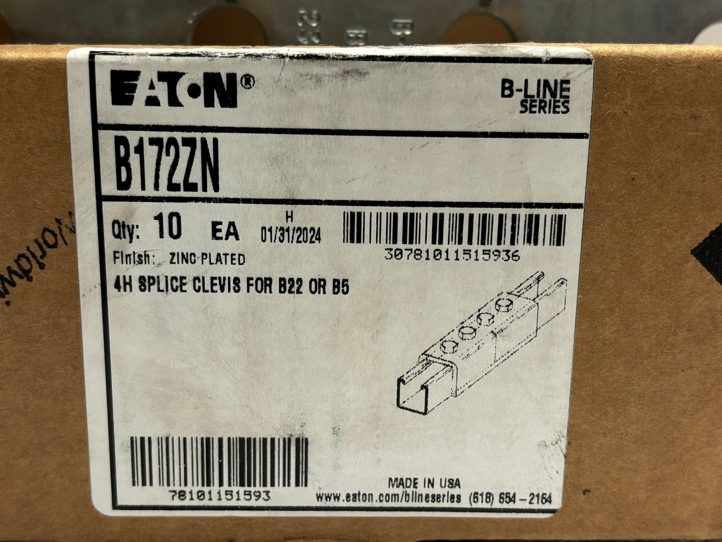 6 PK B-Line B172ZN 4-Hole Zinc-Plated Splice Clevis for B22/B52A Channel (7.24″)