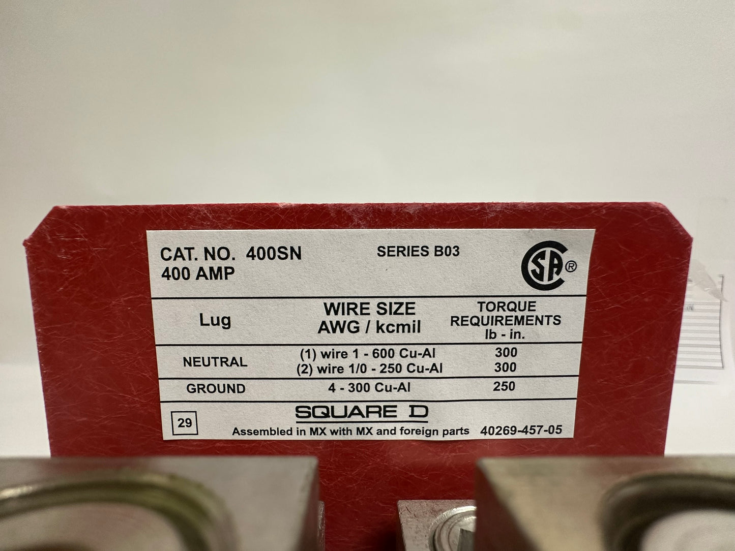 Square D 400SN 400A Solid Neutral Assembly for L and Q4 Breaker Enclosures