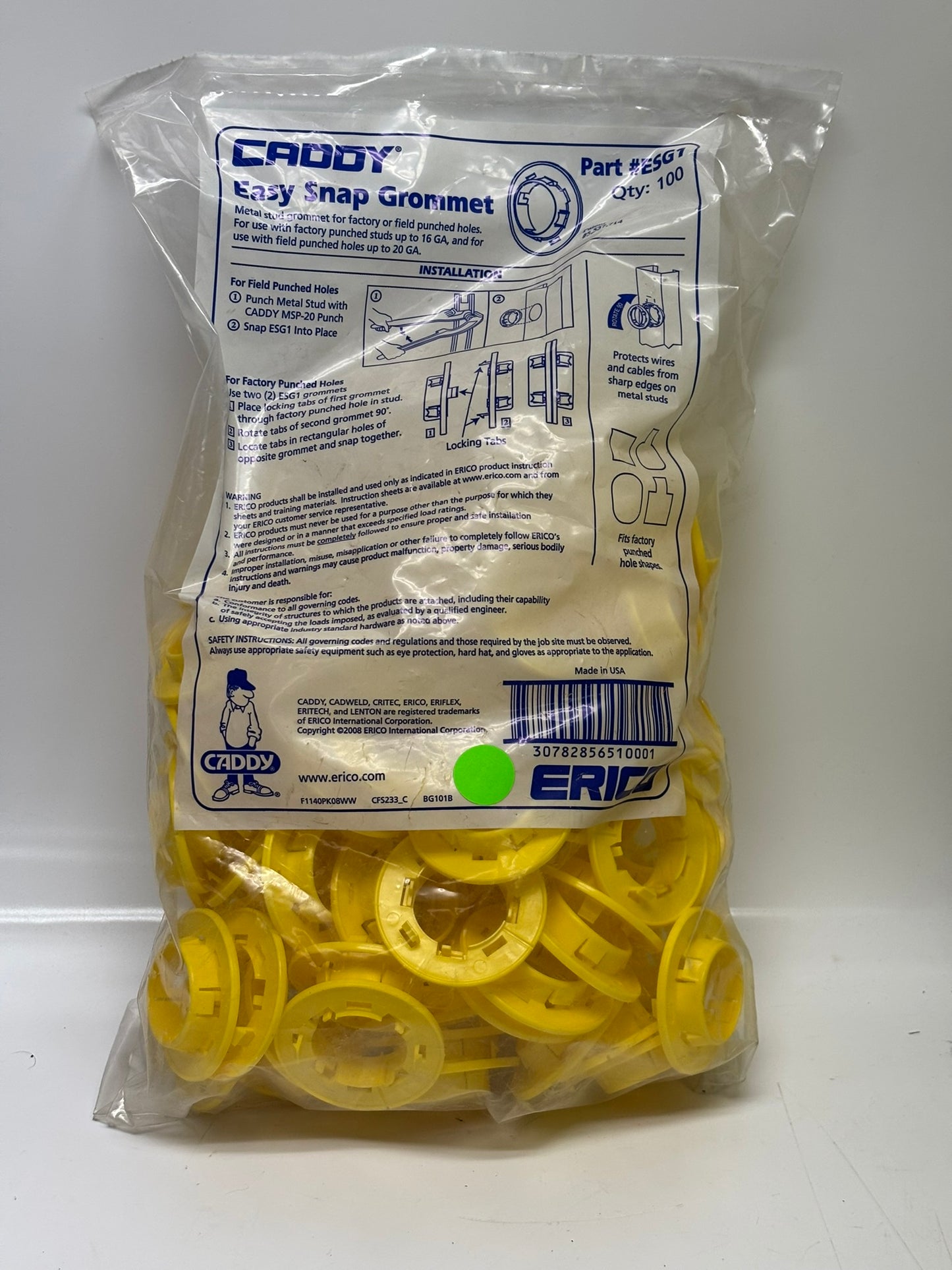100-Pack NVent Caddy ESG1 Easy Snap Grommet, Yellow, Standard 1-11/32" Field-Punched Hole