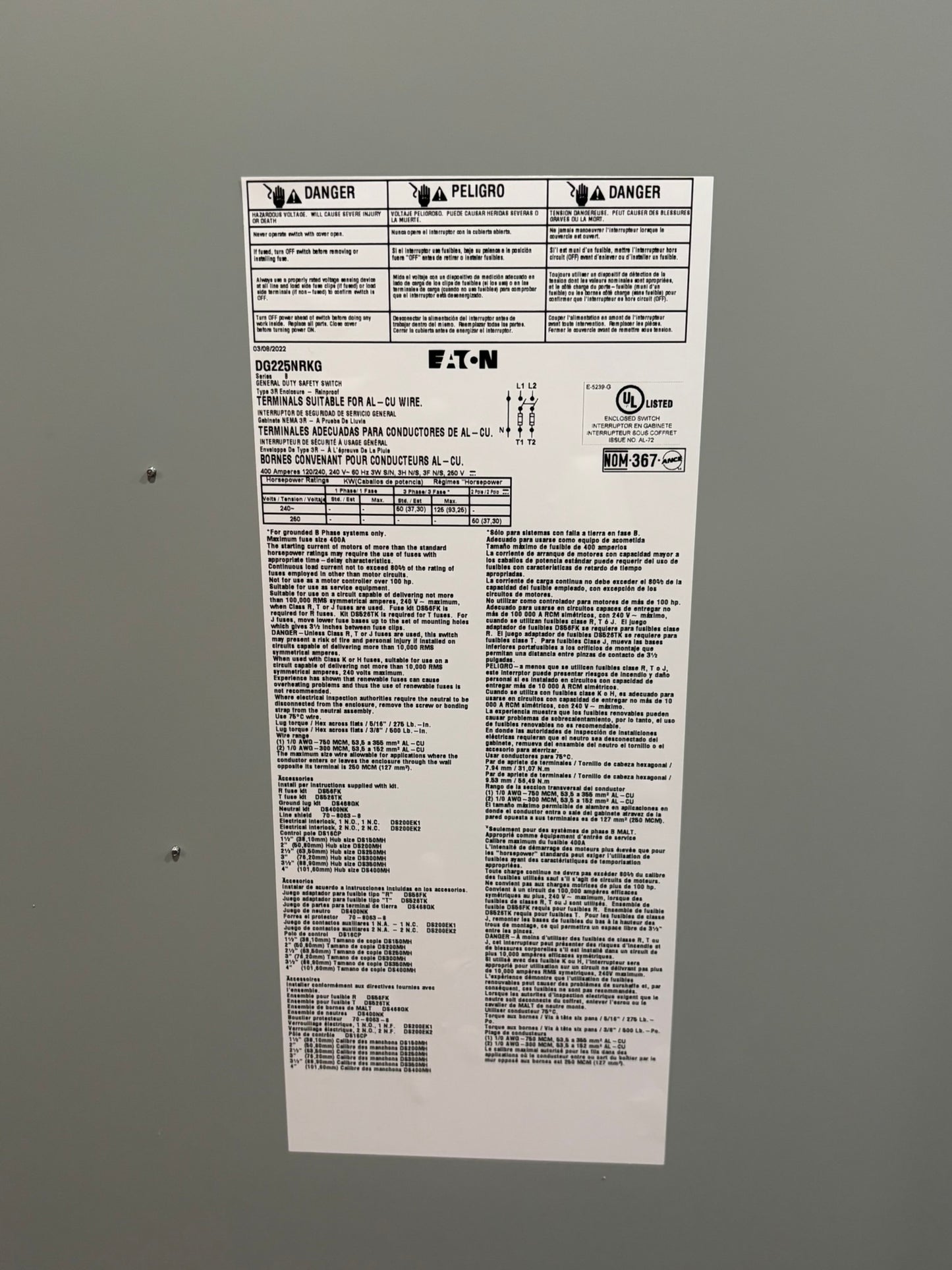 Eaton DG225NRK General Duty Cartridge Fuse Safety Switch, 400 A, NEMA 3R