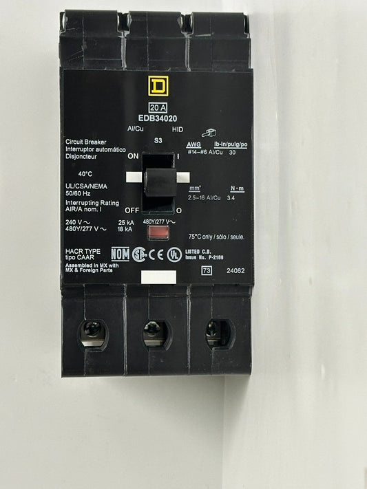 Square D EDB34020 20A 3-Pole 480Y/277V Bolt-On Circuit Breaker