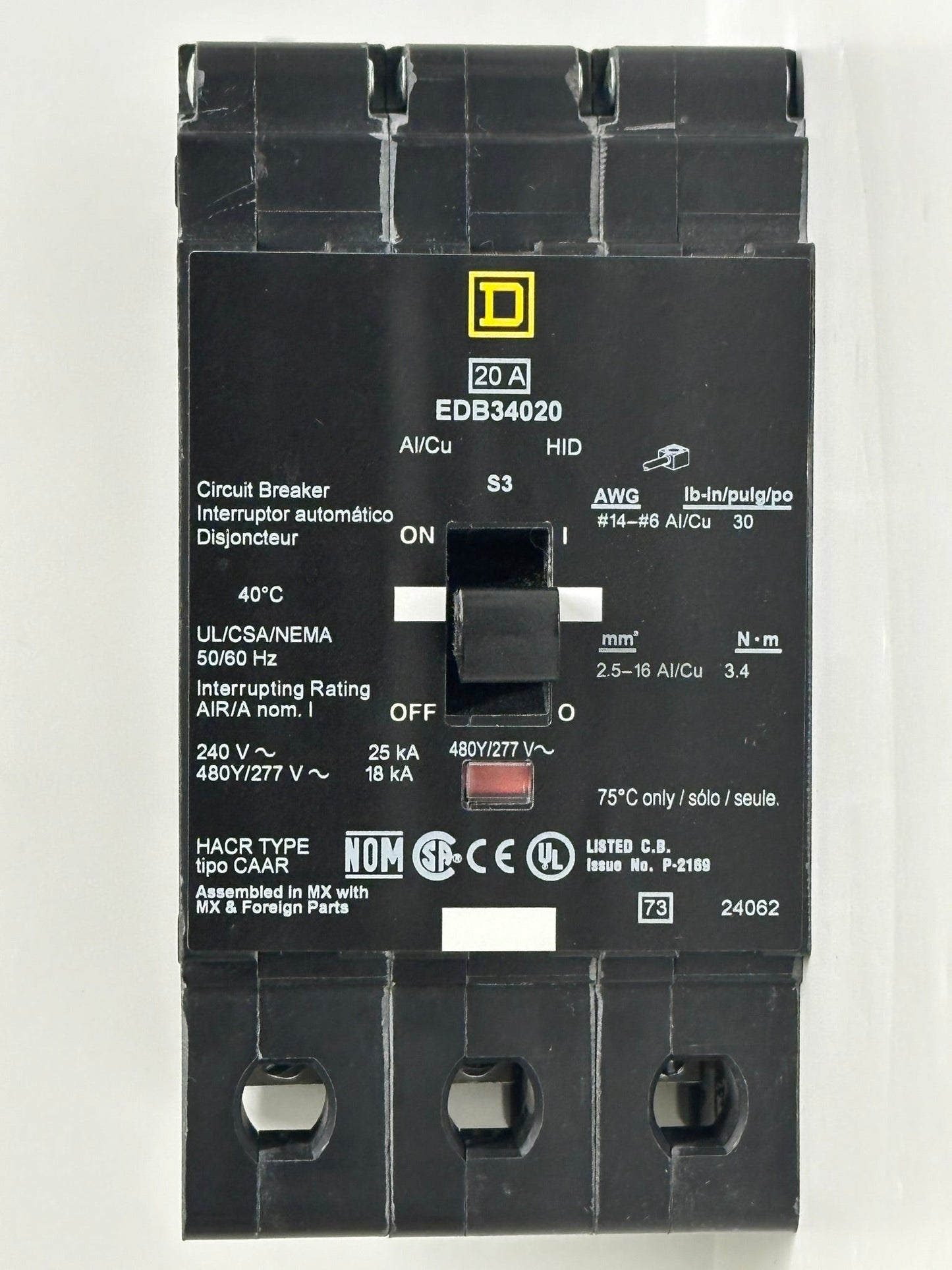 Square D EDB34020 20A 3-Pole 480Y/277V Bolt-On Circuit Breaker