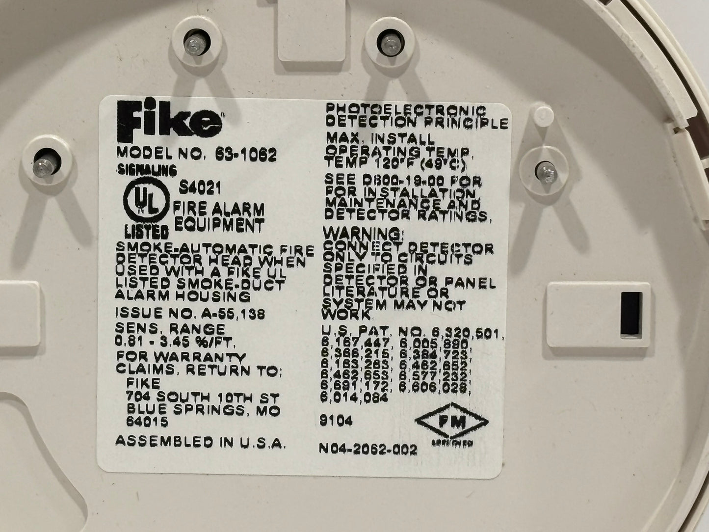 Fike 63-1062 Intelligent Photoelectric Duct Smoke Sensor with Isolators