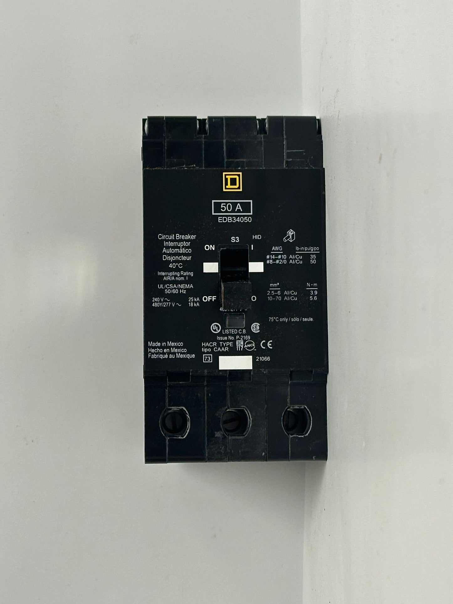 Square D EDB34050 – NO BOX 50A 3-Pole Molded Case Circuit Breaker for 480Y/277V Systems