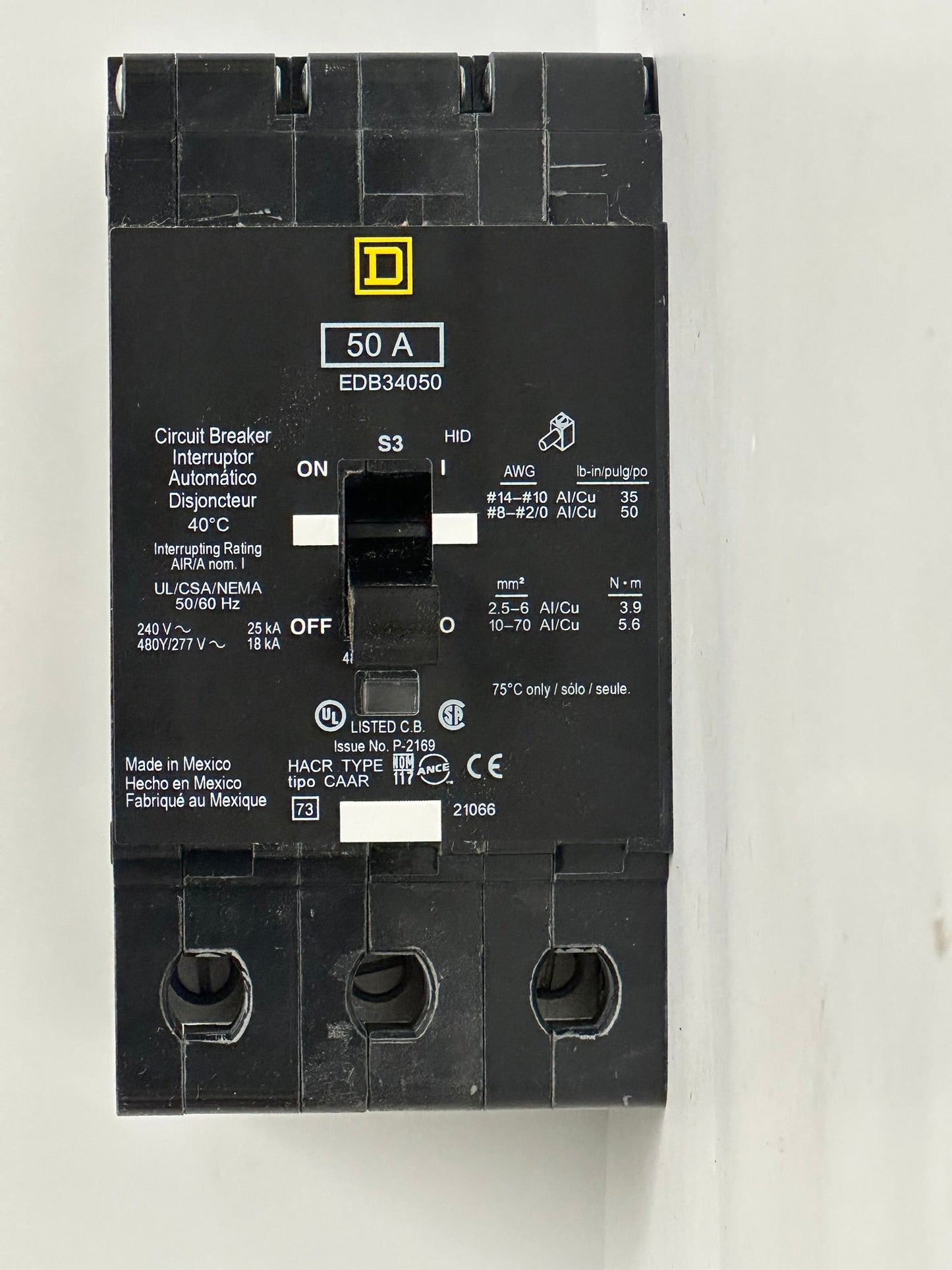 Square D EDB34050 – NO BOX 50A 3-Pole Molded Case Circuit Breaker for 480Y/277V Systems