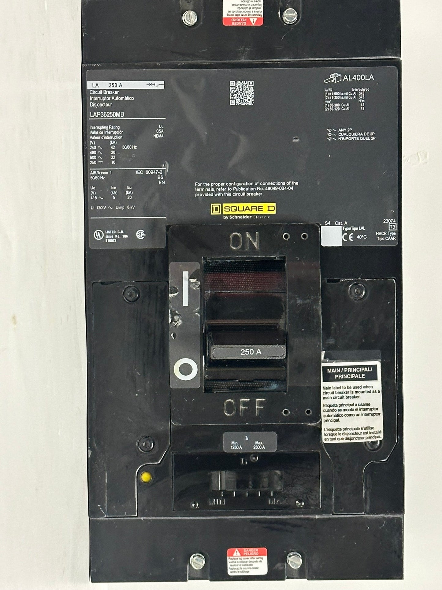 Square D LAP36250MB 250A 3-Pole 600V Circuit Breaker – L-Frame, Unit Mount