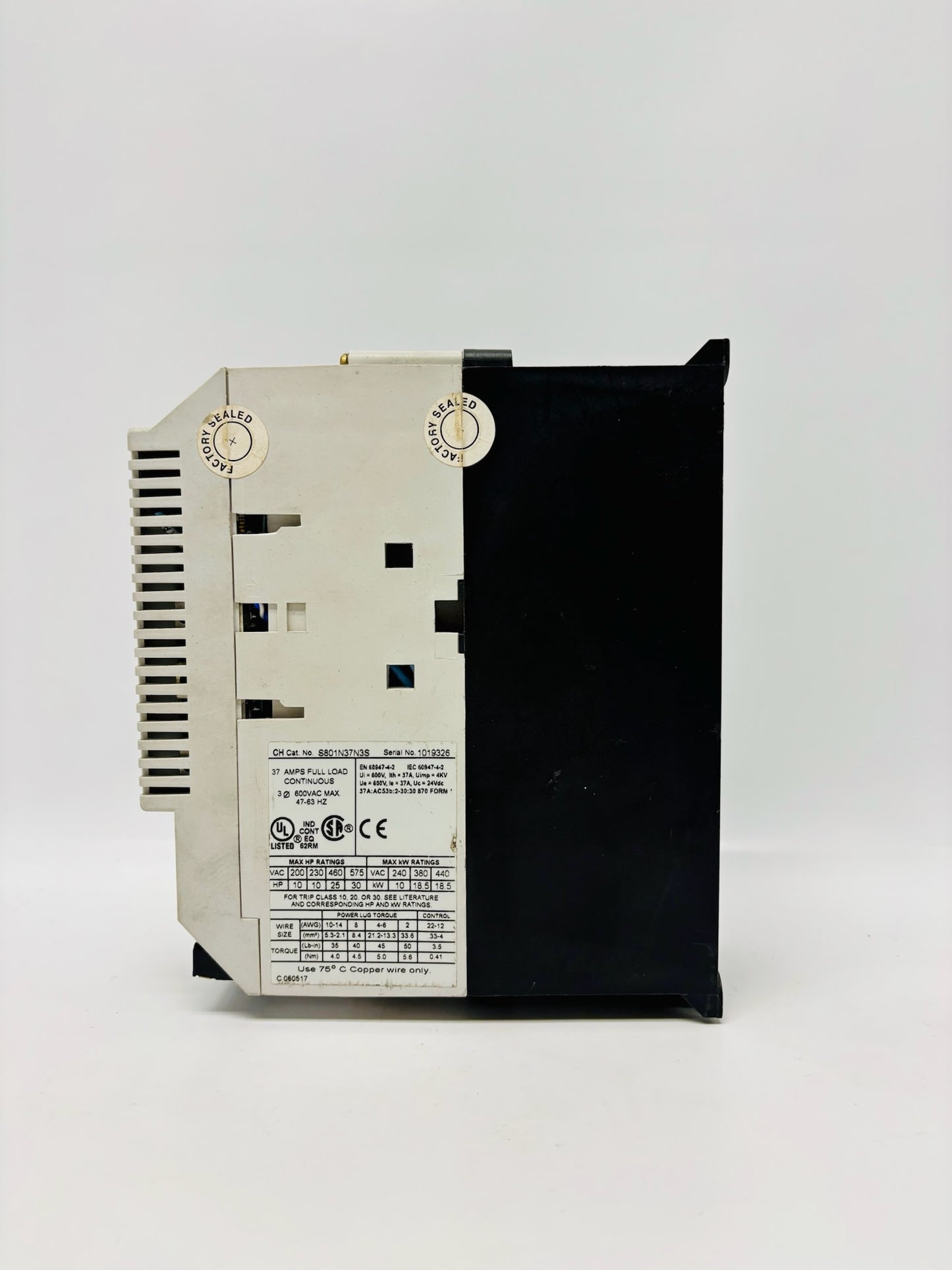 Eaton S801N37N3S Soft Starter, 37A, 200–600VAC, 24VDC Control, N-Frame