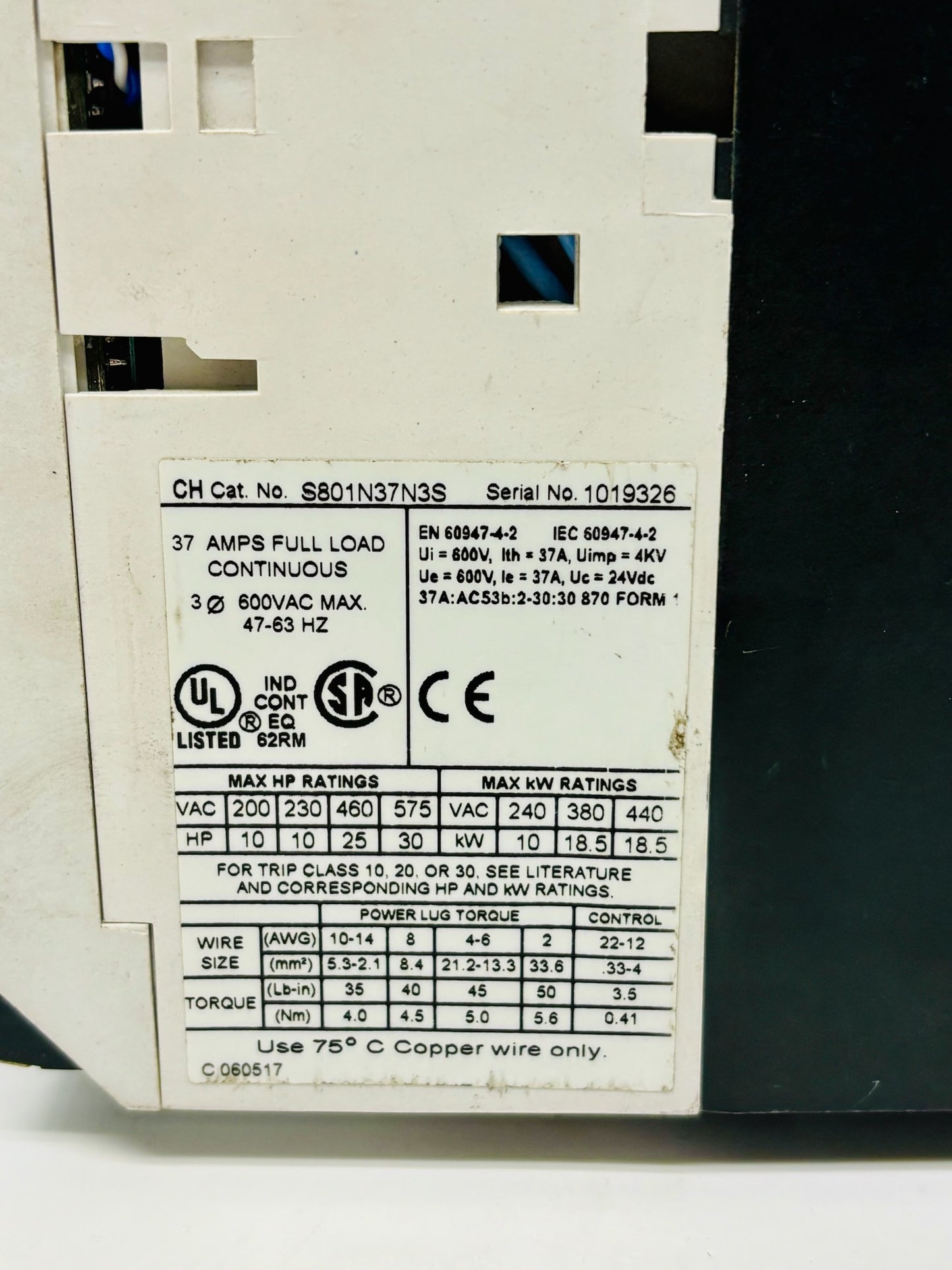 Eaton S801N37N3S Soft Starter, 37A, 200–600VAC, 24VDC Control, N-Frame