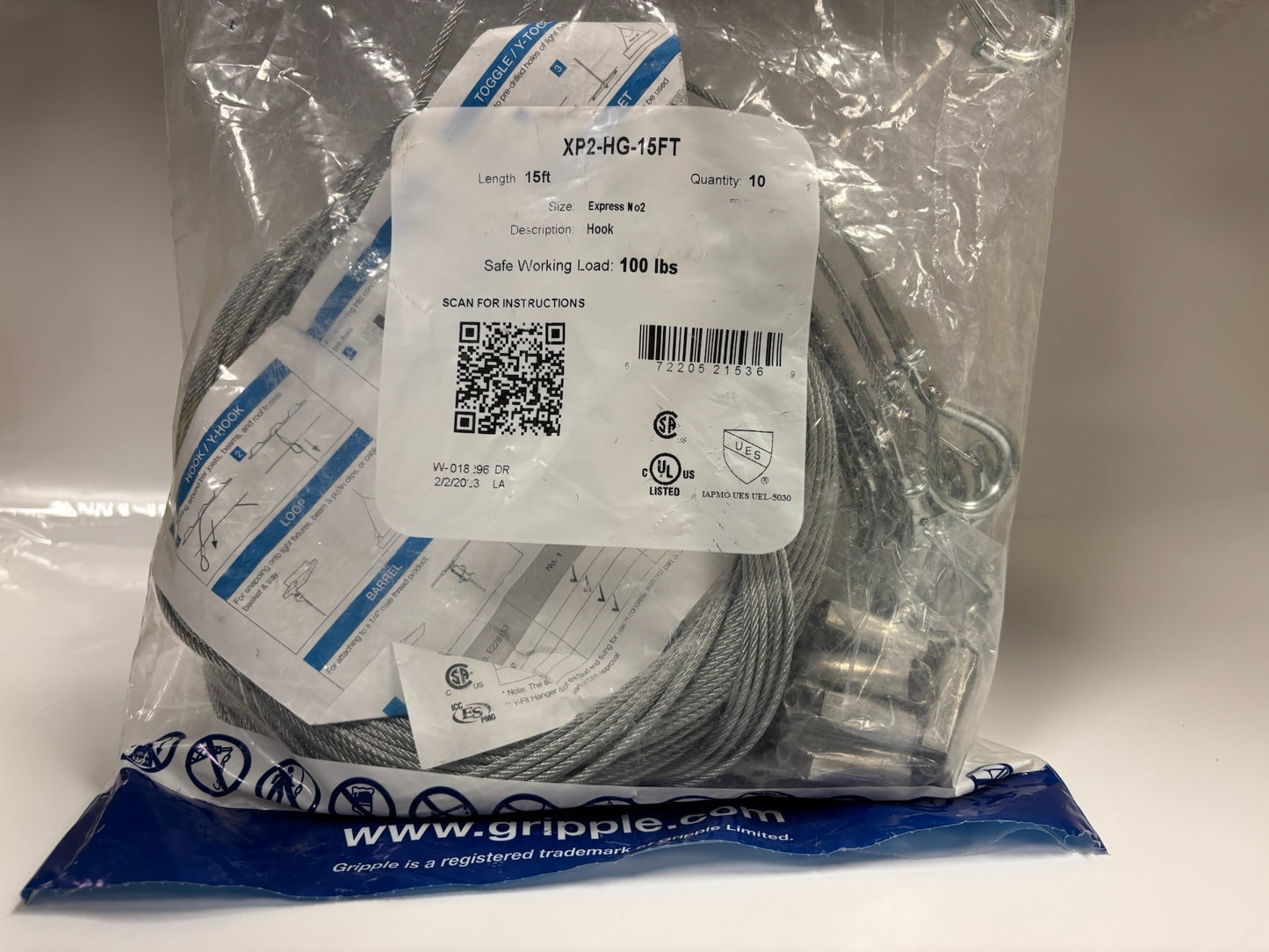 Gripple XP2-HG-15FT Hanger – 15′ Wire with Snap Hook, 100 lb Load Rating