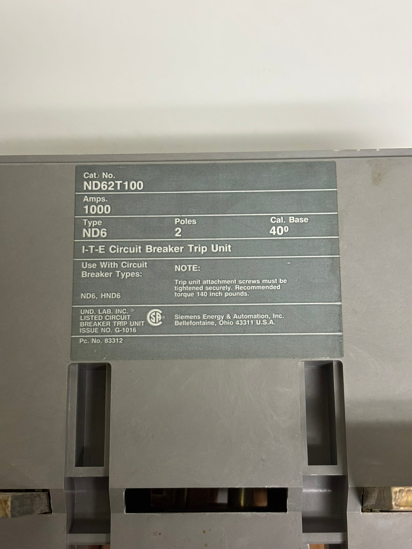 Siemens ND62T100 Sentron MCCB Trip Unit Only, 2P, 1000A, 600V