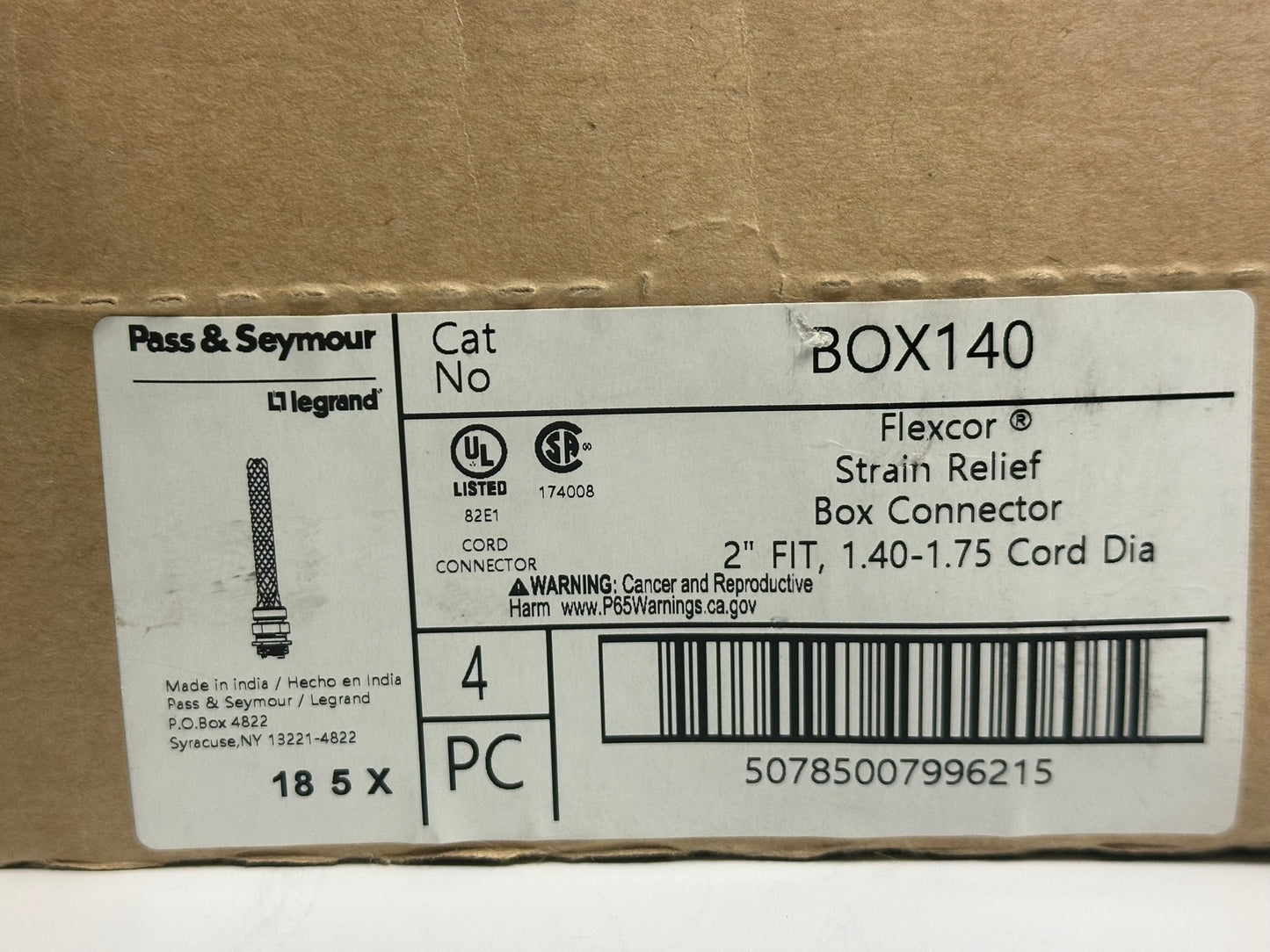 4 PK Pass & Seymour BOX140 – Heavy-Duty Dust-Tight Strain Relief Cord Grip