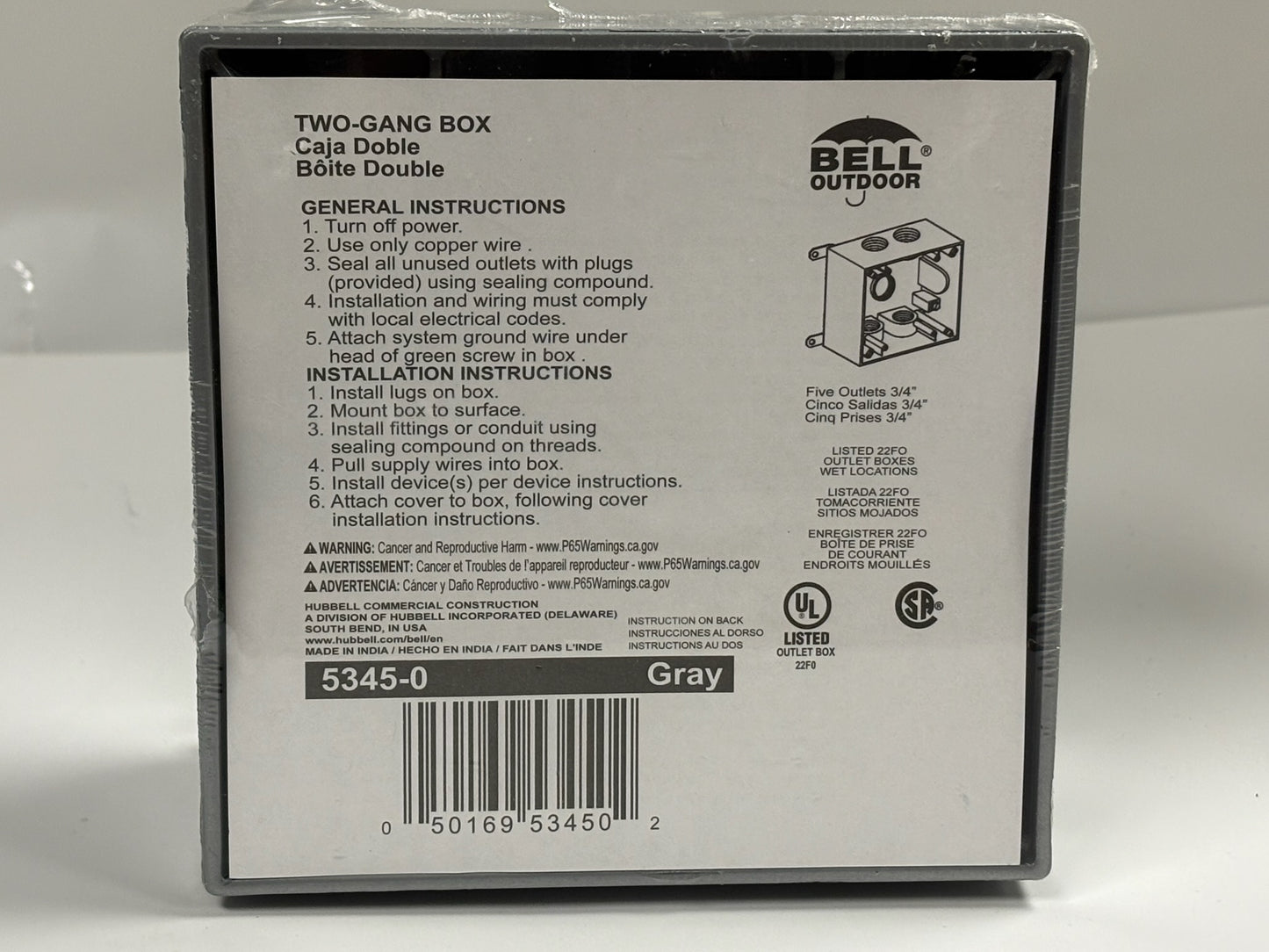 6 PK Bell 5345-0 Outdoor 2-Gang Weatherproof Box with 5 Hubs, 3/4" Threaded