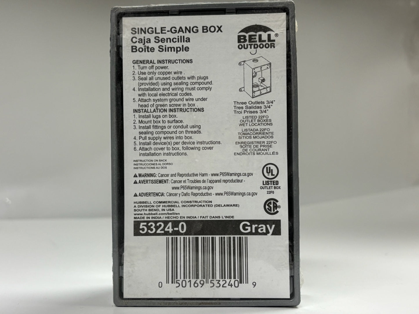 8 PK Bell Outdoor 5324-0 1-Gang Outdoor Box, 3×¾" Hubs, 18.3 cu in, NEMA 3R Rated