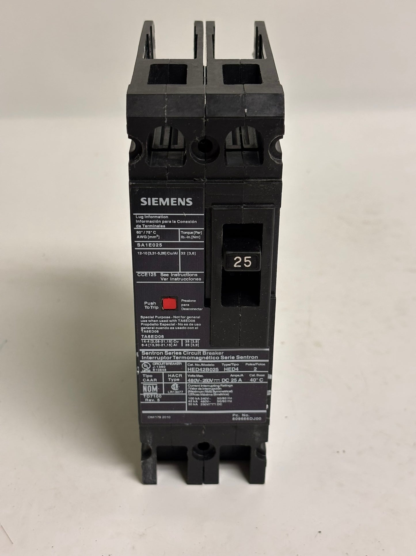Siemens HED42B025 Sentron Molded Case Circuit Breaker, 2p, 25A, 480 VAC, 42kA @ 480V