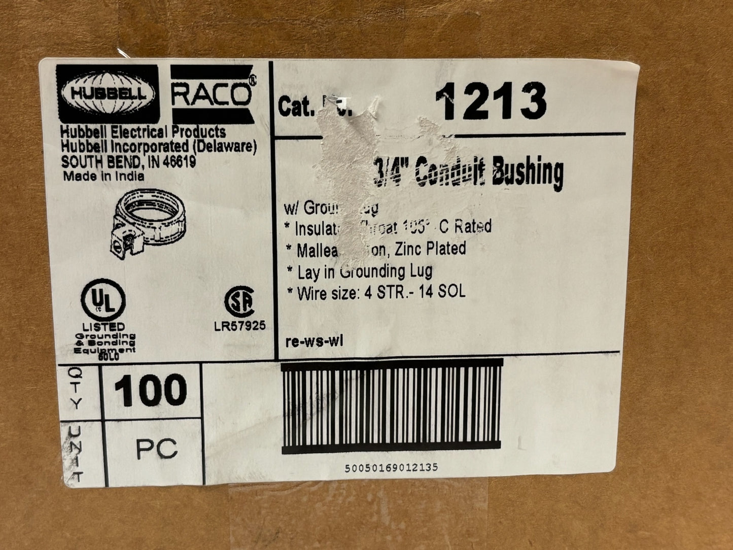 100 PK RACO 1213 Grounding Bushing with Lay-In Lug, 3/4" Trade Size, Malleable Iron