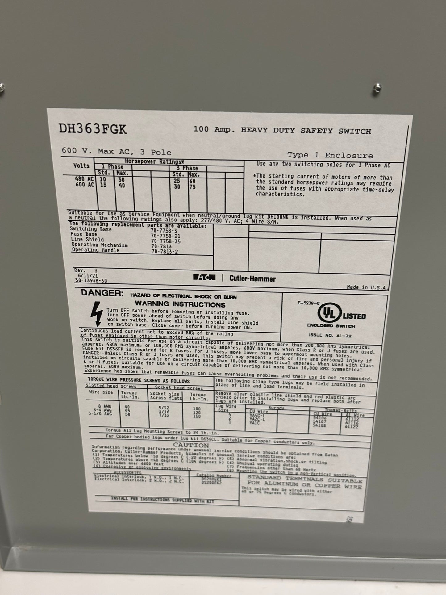 Eaton DH363FGK Safety Switches DH 3P 100A 600V 50/60Hz 3Ph Fusible 3Wire EA