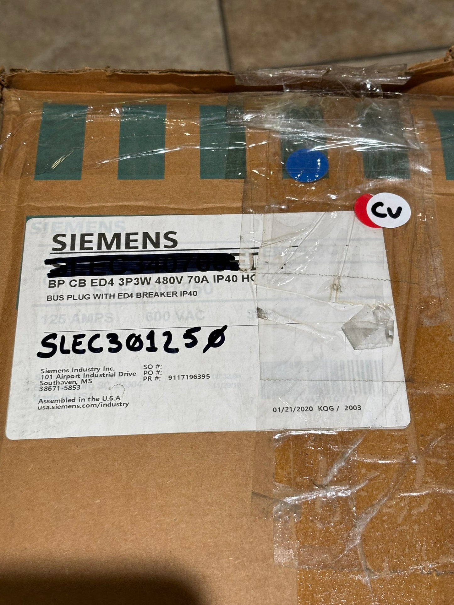 Siemens SLEC301250 Sentron Circuit Breaker Bus Plug, 125A, 600V, 50/60Hz