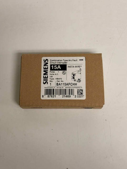 Siemens BA115AFCHH Insta-Wire Combination Type Arc Fault Circuit Interrupter, 15A, 1-Pole, 120VAC