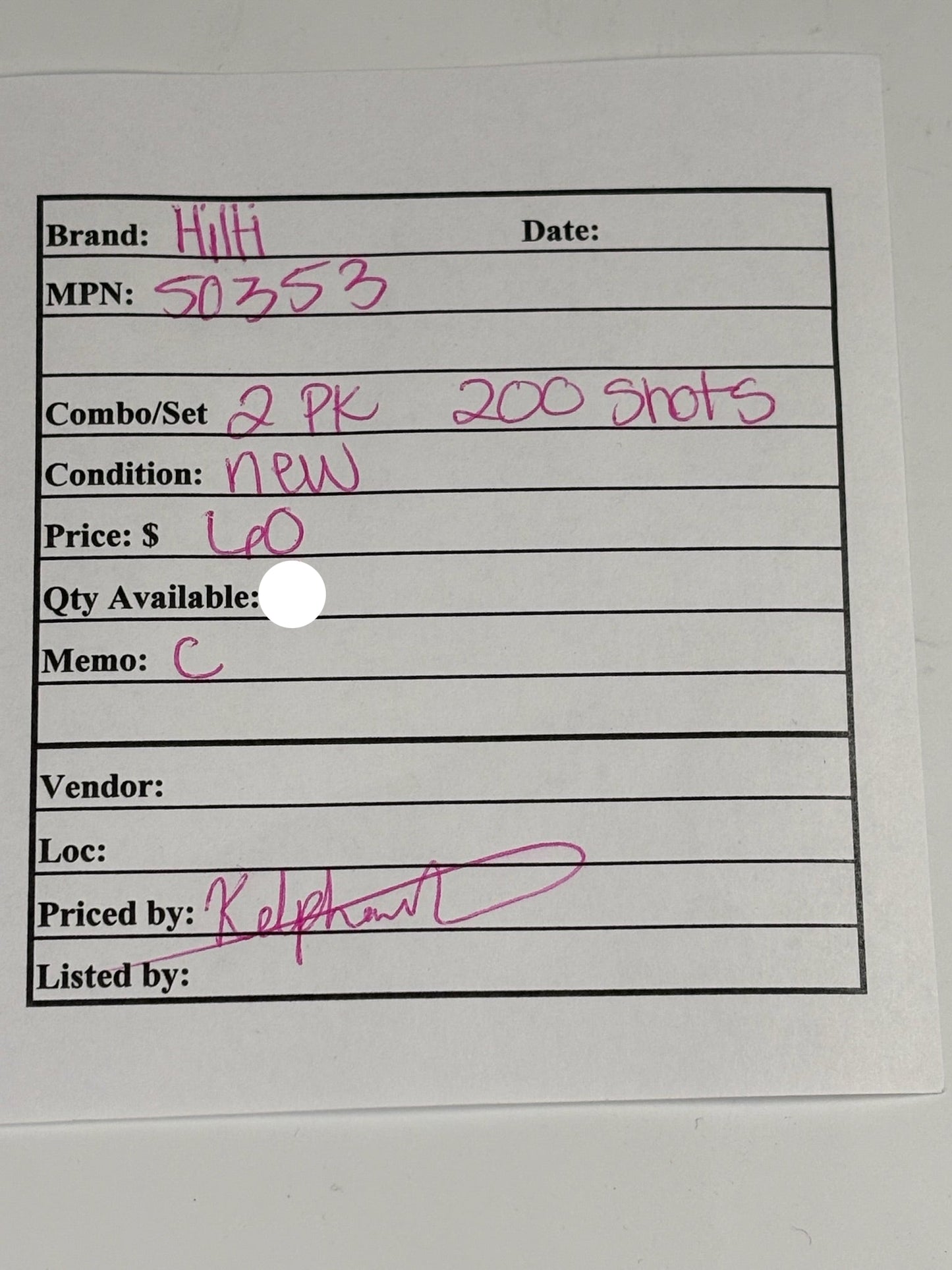 2 PK (200 SHOTS) Hilti 50353 Heavy-Duty .27 Caliber 6.8/11M Powder-Actuated Cartridges