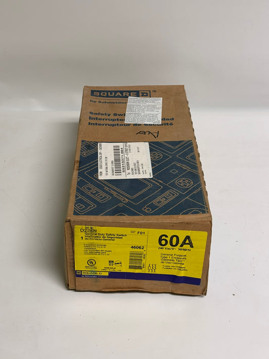 Square D D222N General Duty Safety Switch, Fusible, 60A, 3 Wire, 2-Poles