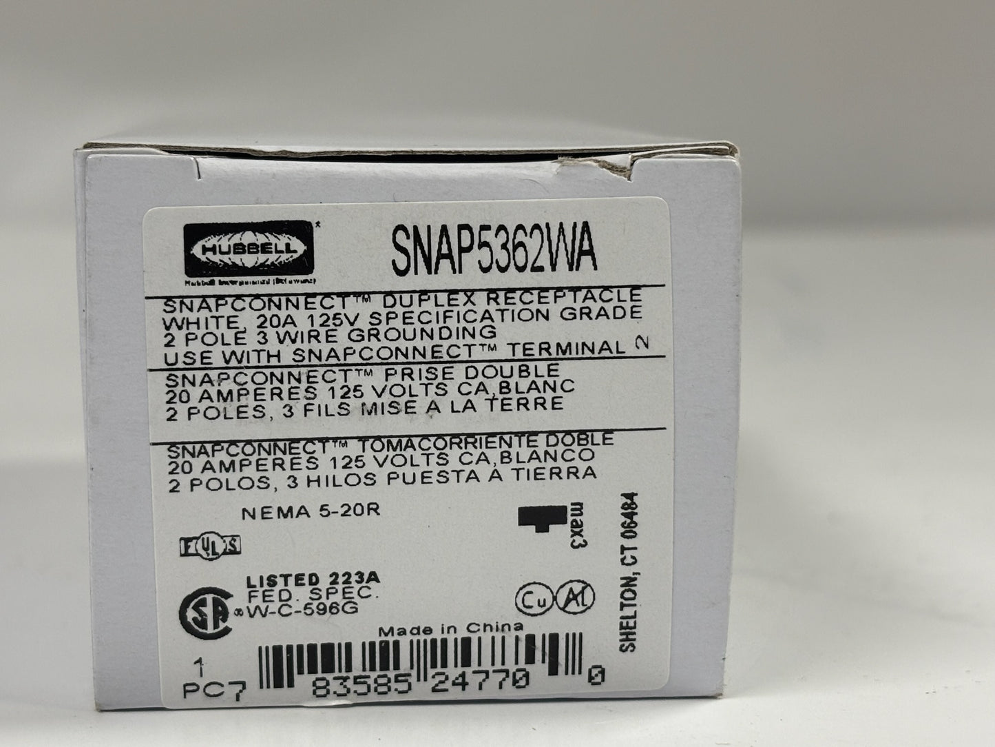 20 PK Hubbell SNAP5362WA 20A 125V Duplex Receptacle, White, SNAPConnect System