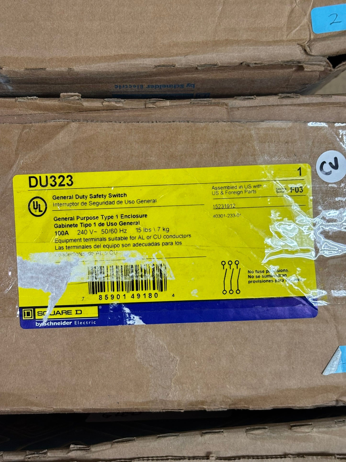 Square D DU323 General Duty Safety Switch, Non-Fusible, 100A, 3 Wire, 3-Poles