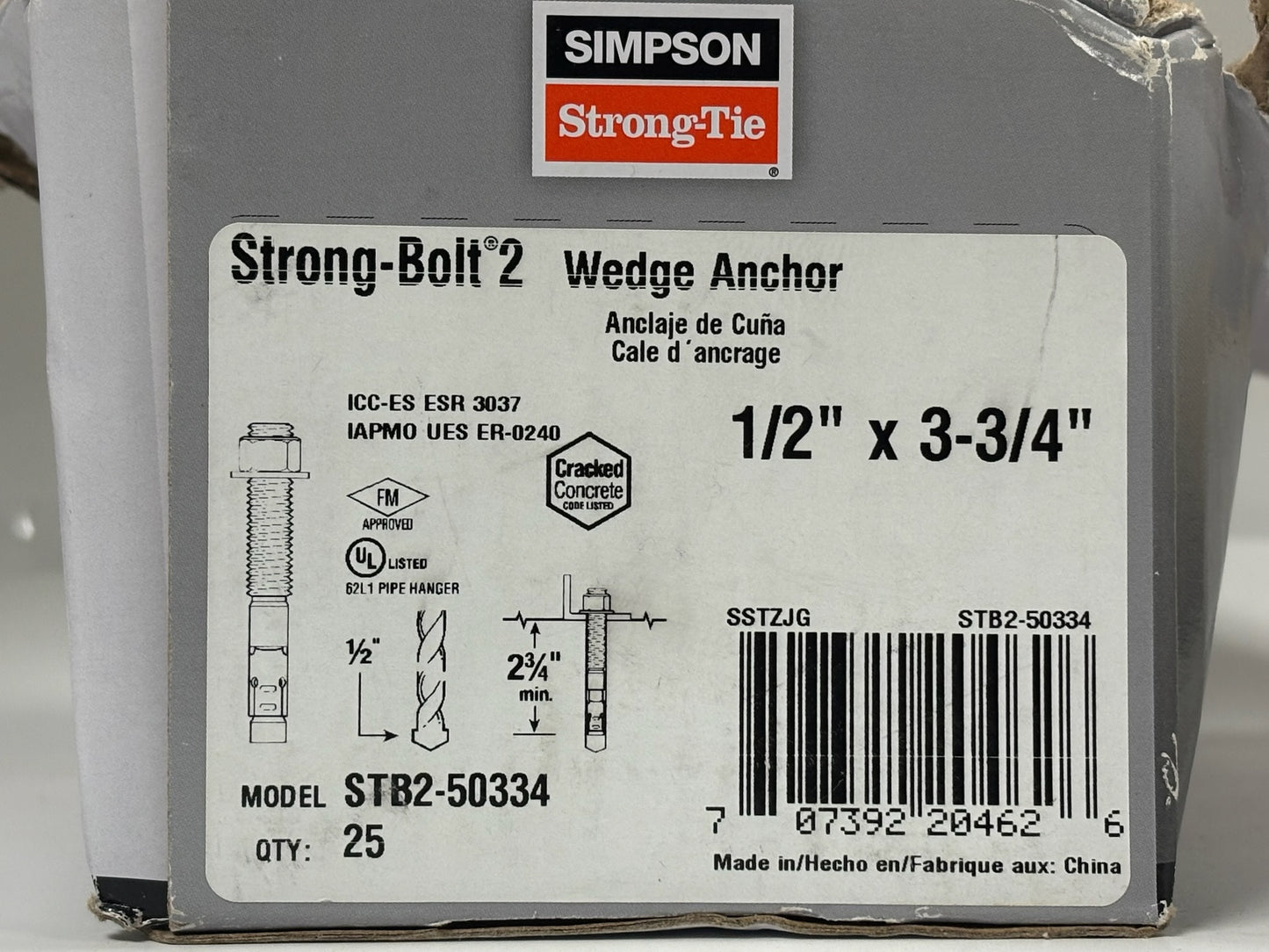 43 PK Simpson STB2-50334 1/2" x 3-3/4" Wedge Anchor, Zinc-Plated Steel