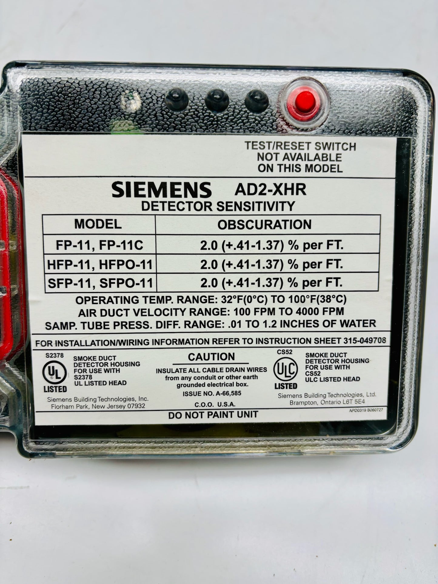 Siemens AD2-XHR Air Duct Monitoring Housing