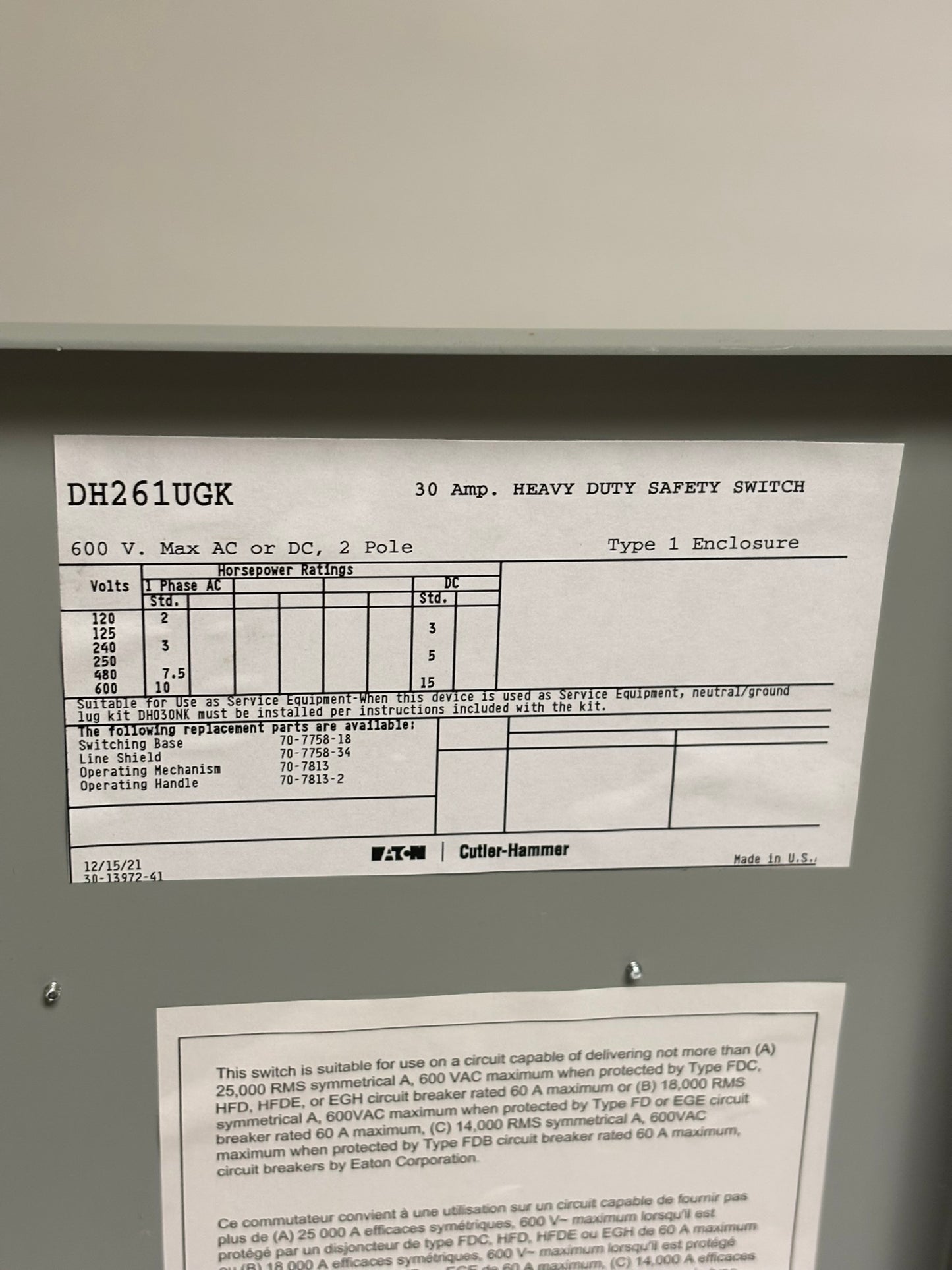 Eaton DH261UGK Heavy Duty Single-Throw Non-Fused Safety Switch, Single-Throw, 30 A