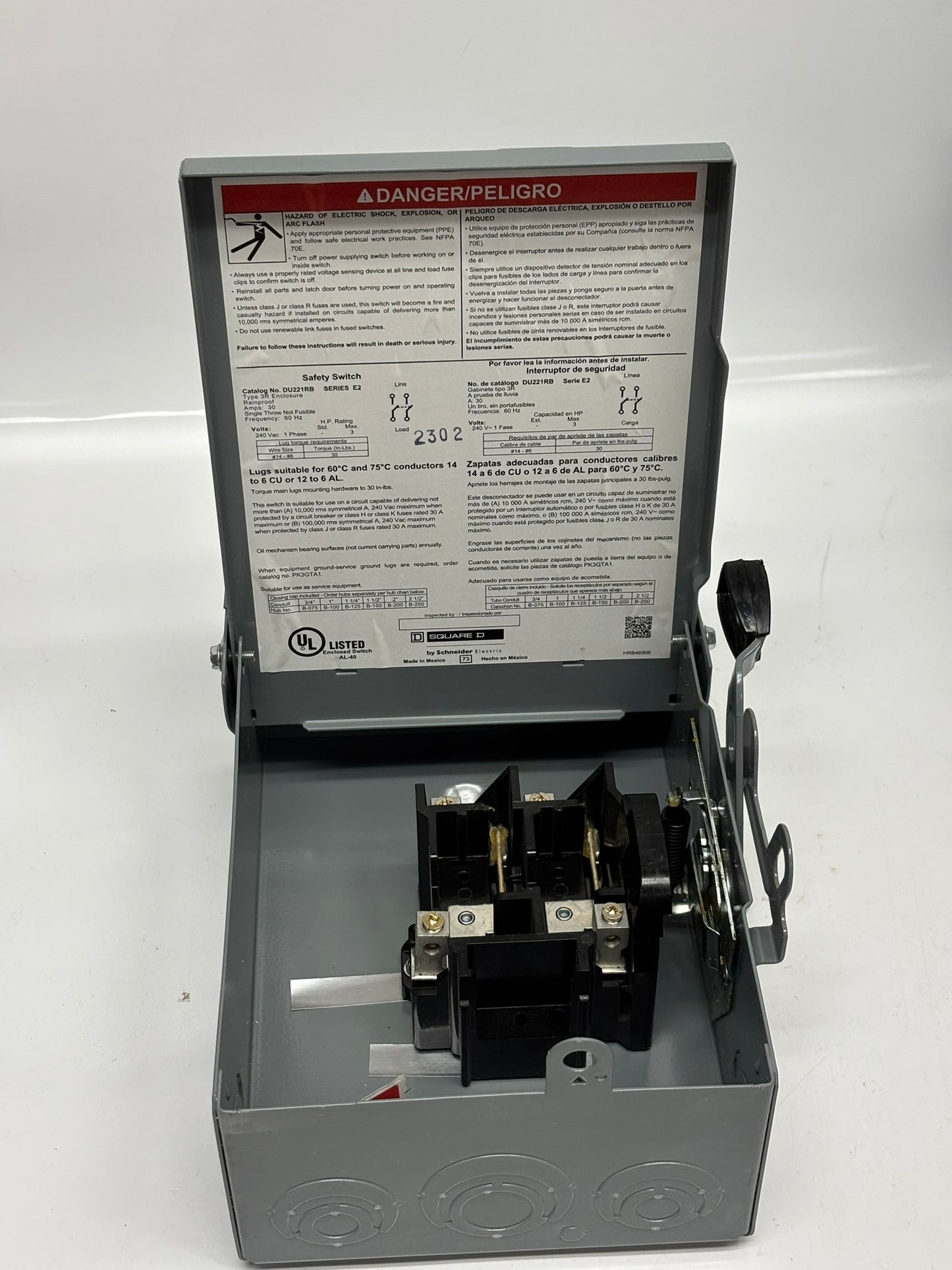 Square D DU221RB General Safety Switch, Non Fusible, 2P2W, 30 A, 240 Vac, No Box