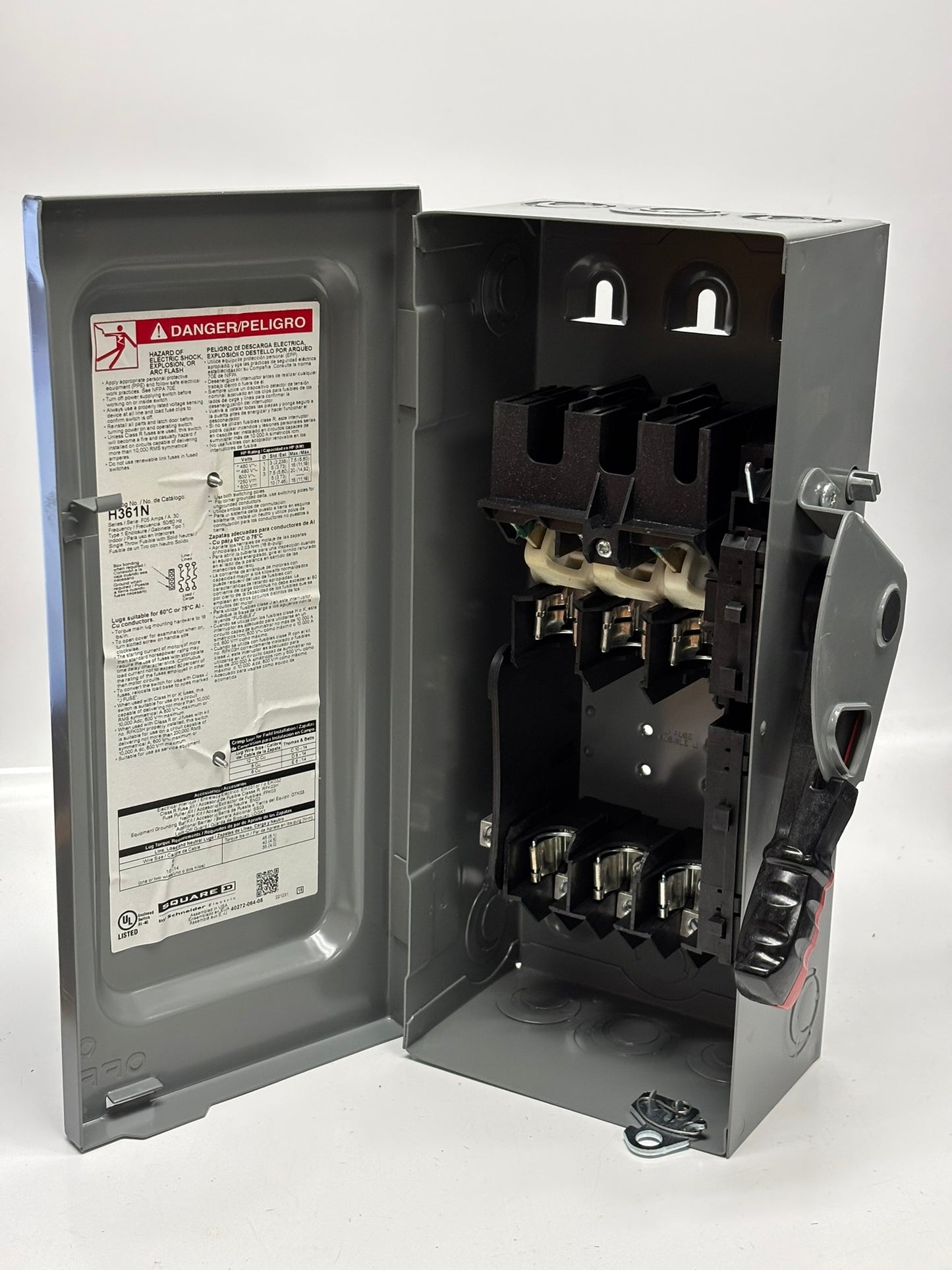 Square D H361N Heavy Duty Safety Switch, Fusible, 3P4W, 30A, 600Vac, 600Vdc, No Box
