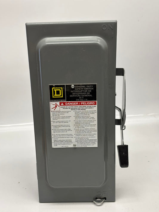 Square D D222N General Duty Safety Switch, Fusible, 2P3W, 60A, 240Vac, No Box
