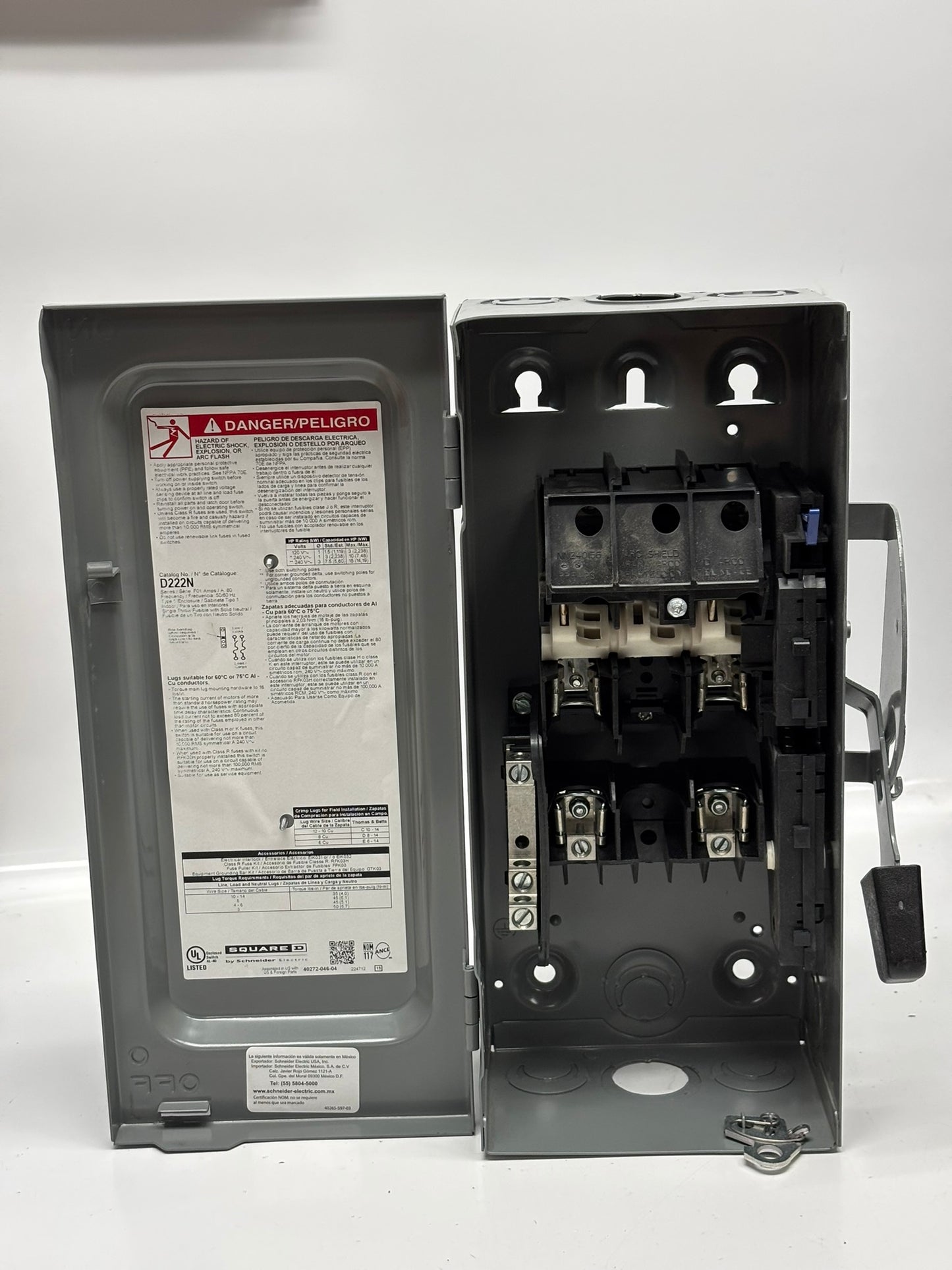 Square D D222N General Duty Safety Switch, Fusible, 2P3W, 60A, 240Vac, No Box