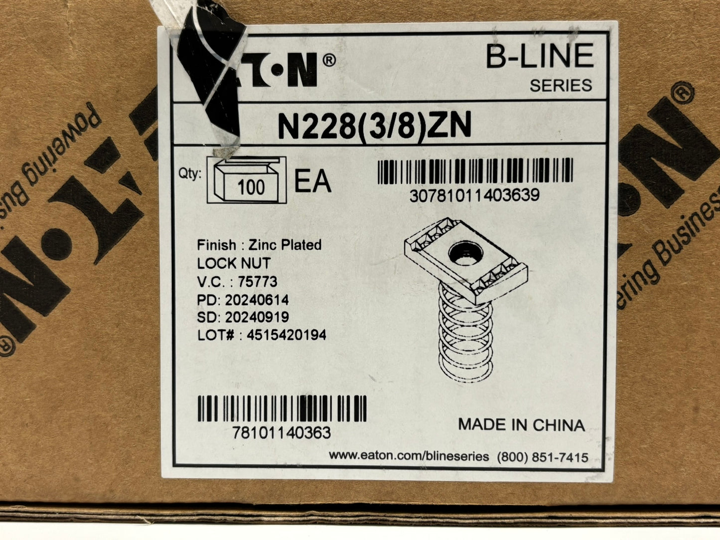 37 PK Eaton B‑Line N228C Zinc-Plated 3/8″ Spring Channel Nut, Steel