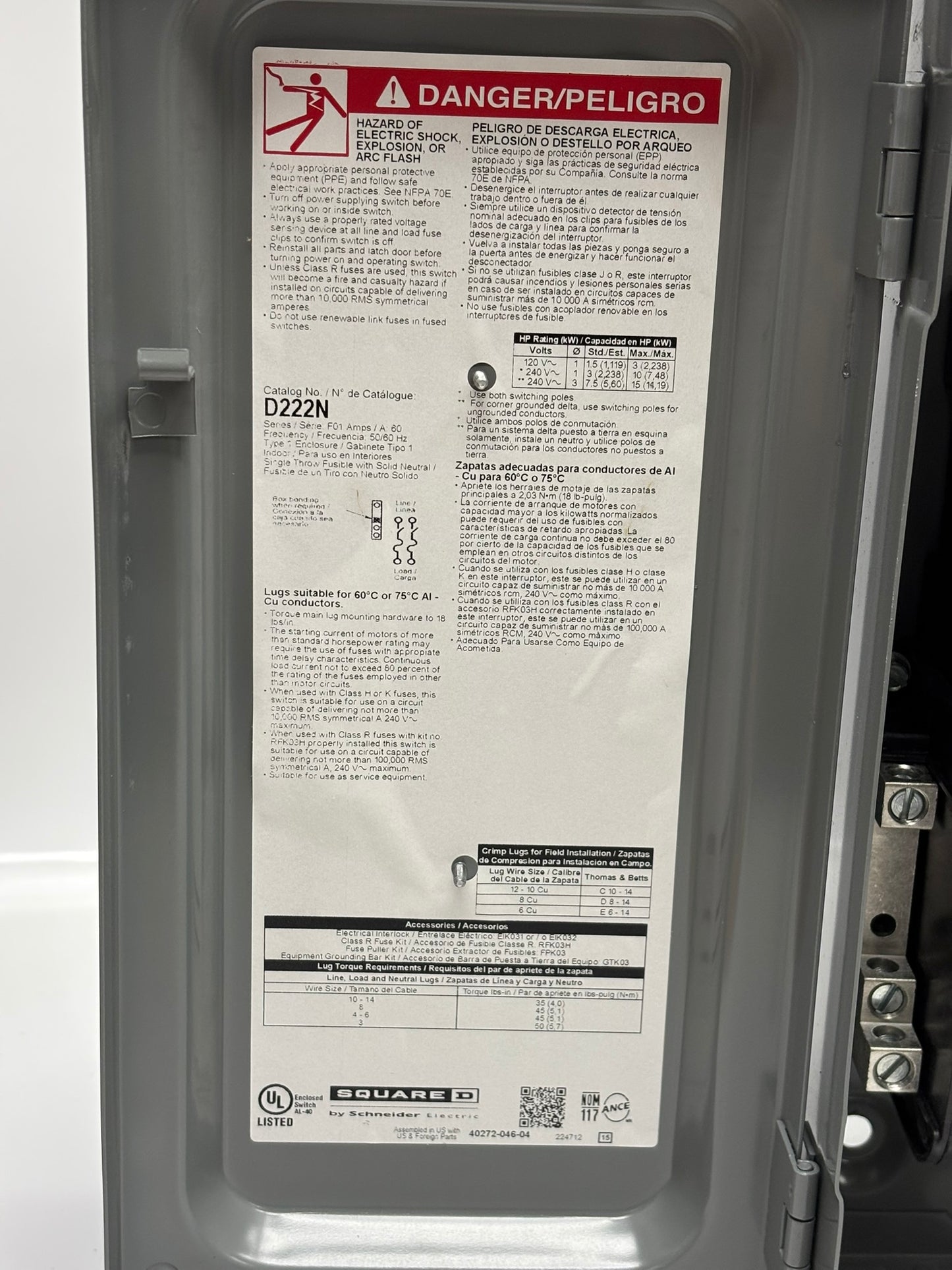 Square D D222N General Duty Safety Switch, Fusible, 2P3W, 60A, 240Vac, No Box