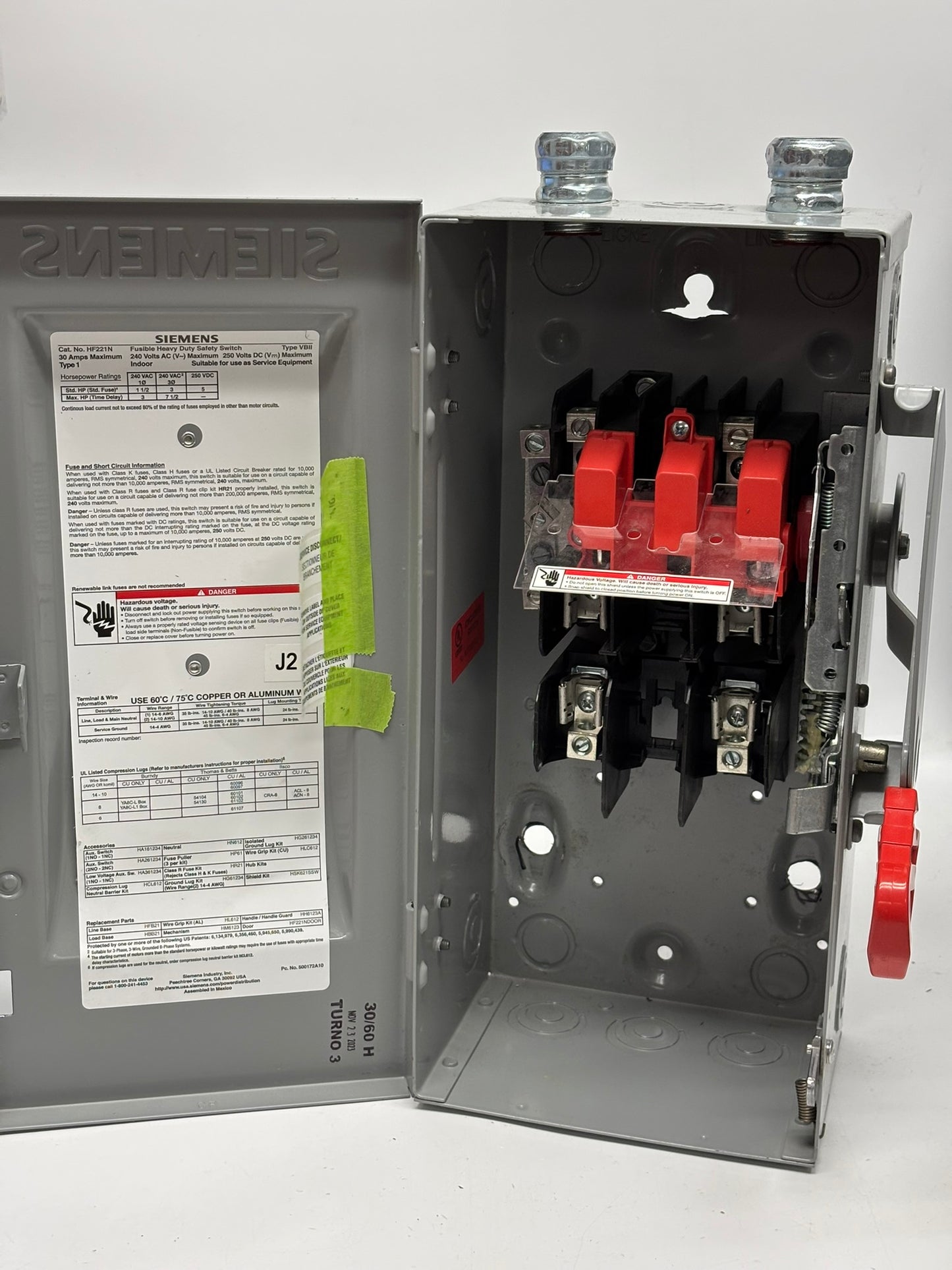 Siemens HF221N Heavy Duty Safety Switch, 30A, 240VAC, 250VDC, Horsepower Rated, No Box