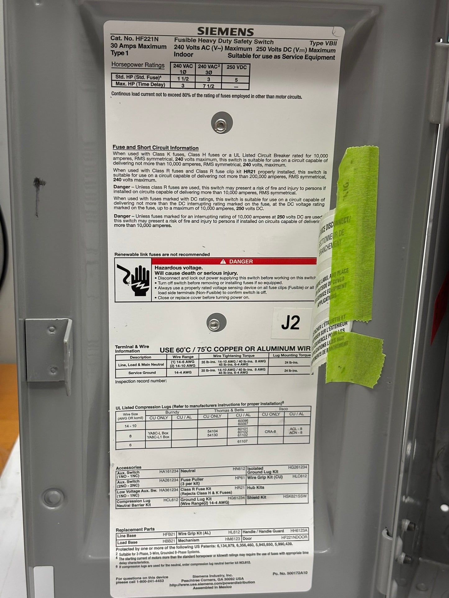 Siemens HF221N Heavy Duty Safety Switch, 30A, 240VAC, 250VDC, Horsepower Rated, No Box