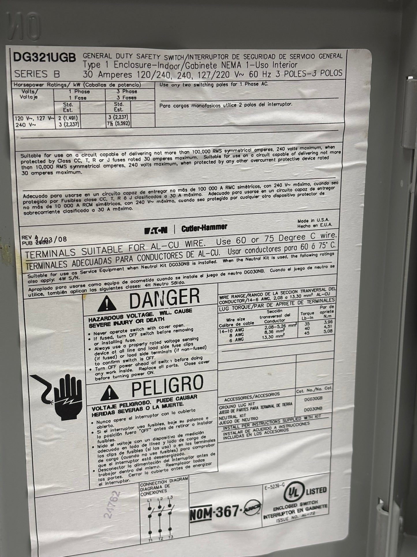 Eaton DG321UGB Cutler-Hammer General Duty Safety Switch, 30A, 240V, 60Hz, No Box