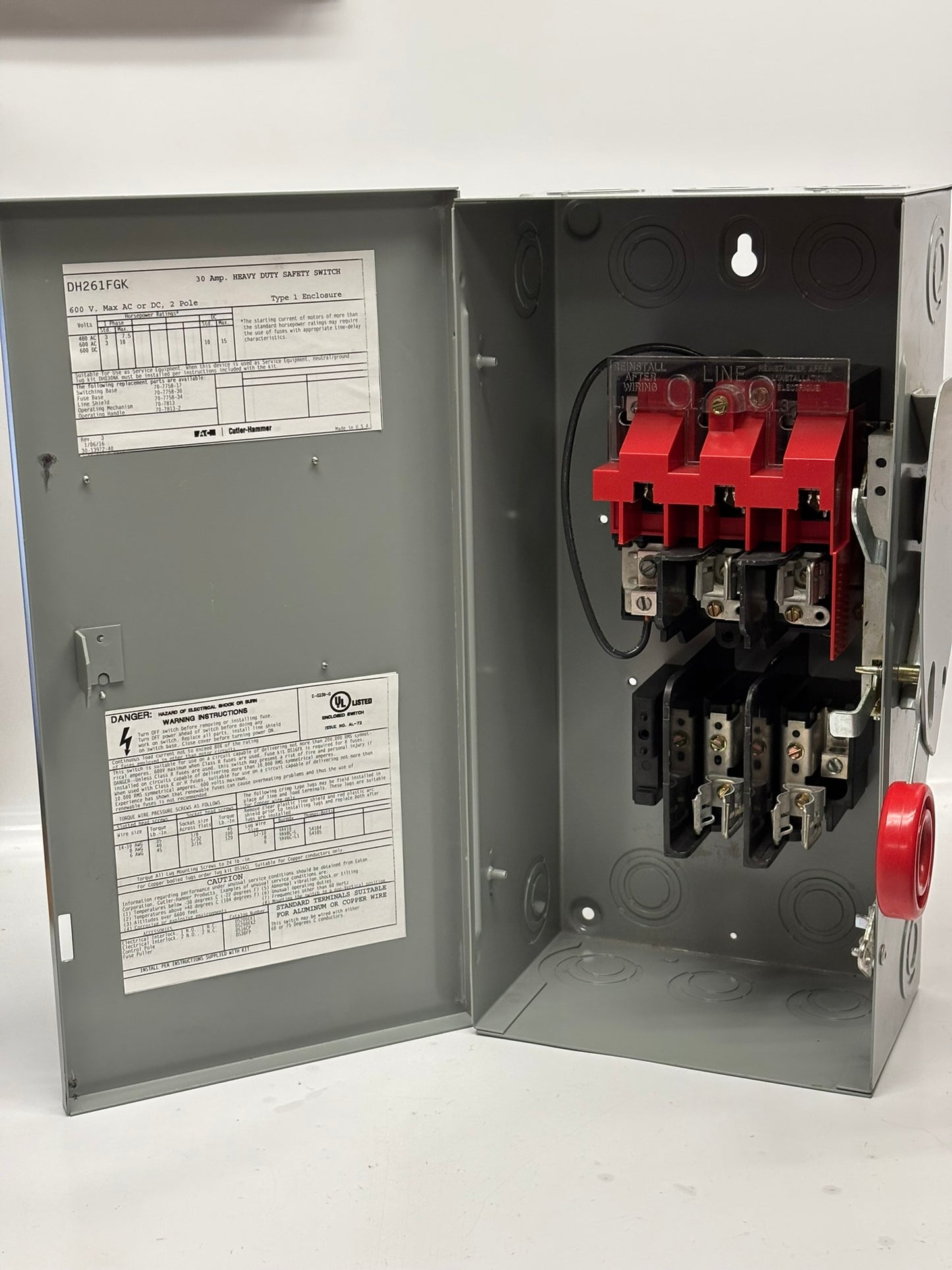 Eaton DH261FGK Cutler-Hammer Heavy Duty Safety Switch, 30A, 600V, 60Hz, No Box