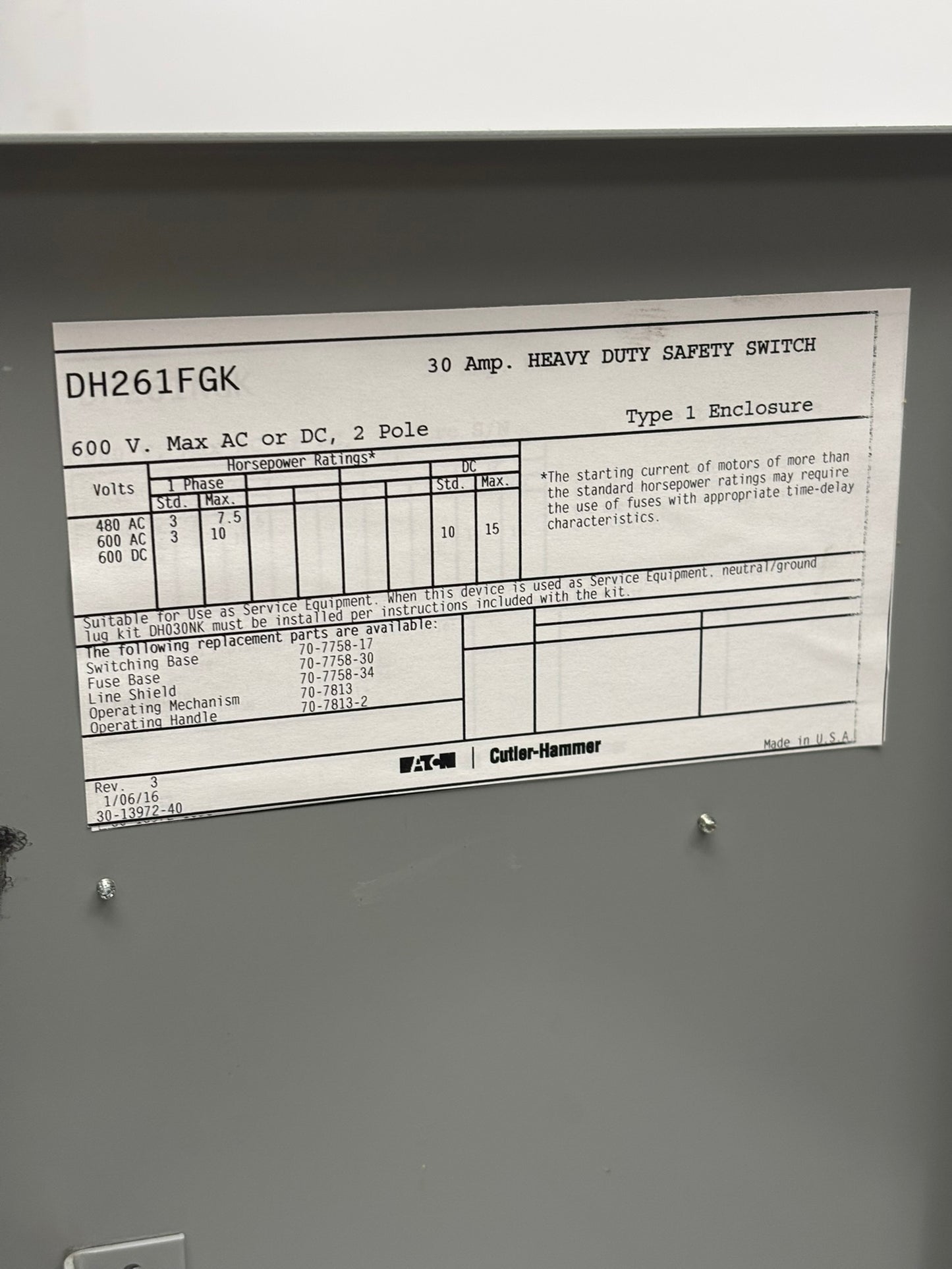 Eaton DH261FGK Cutler-Hammer Heavy Duty Safety Switch, 30A, 600V, 60Hz, No Box