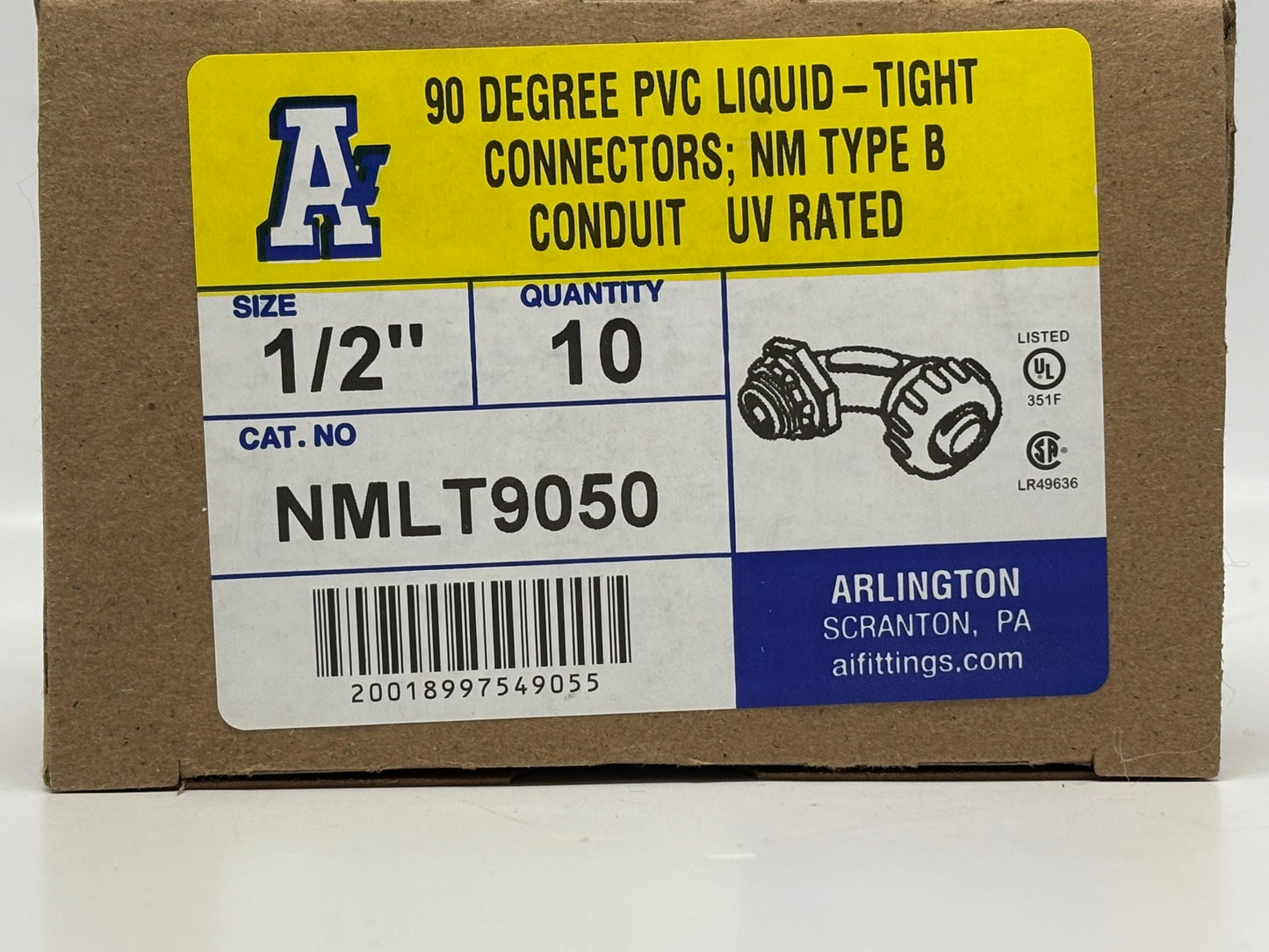 20 PK Arlington NMLT9050 ½″ 90° Non-Metallic Liquid‑Tight Connector, UV‑Rated Gray