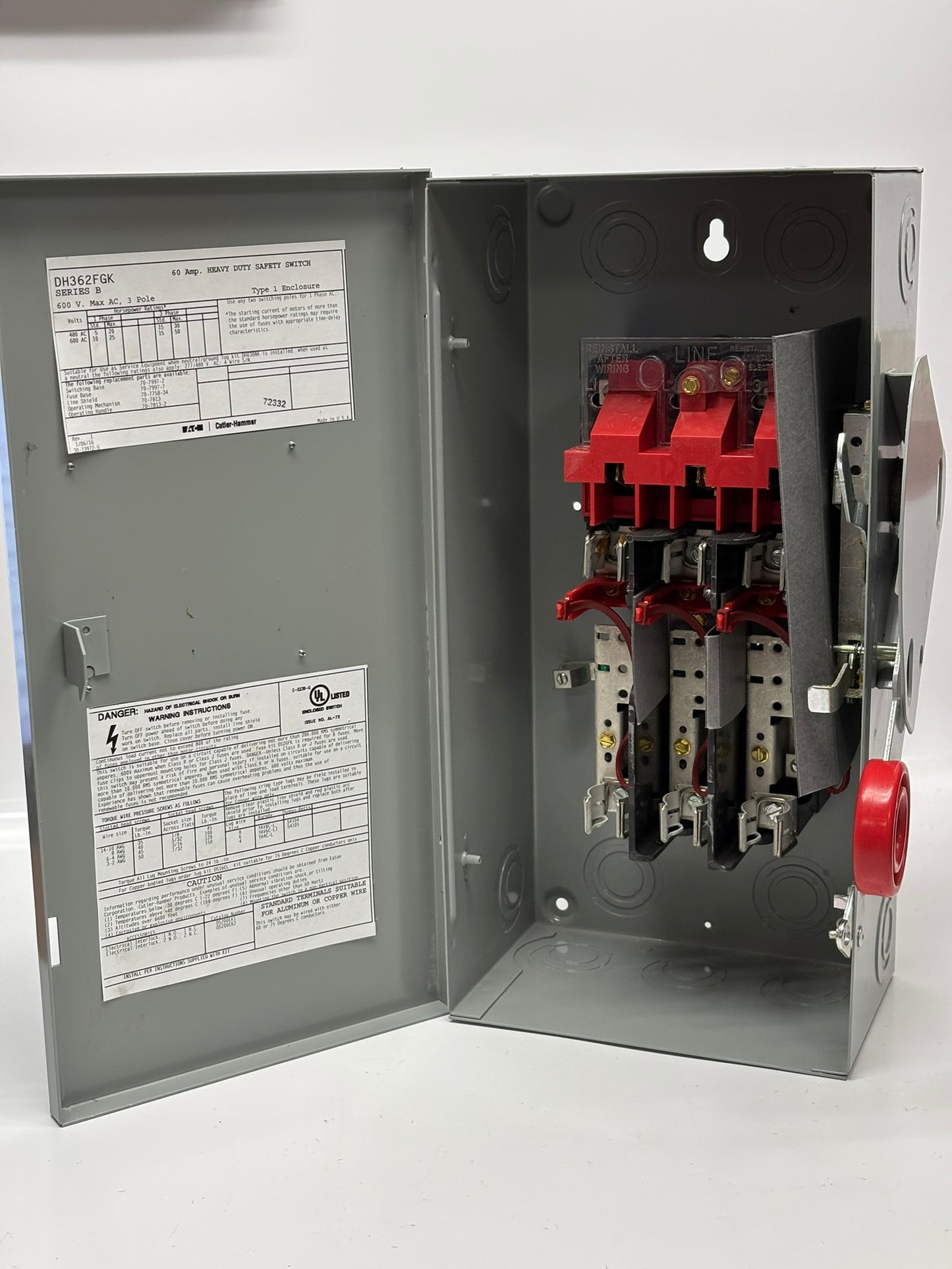 Eaton DH362FGK Cutler-Hammer Heavy Duty Safety Switch, 3P, 60A, 600V, 60Hz, No Box