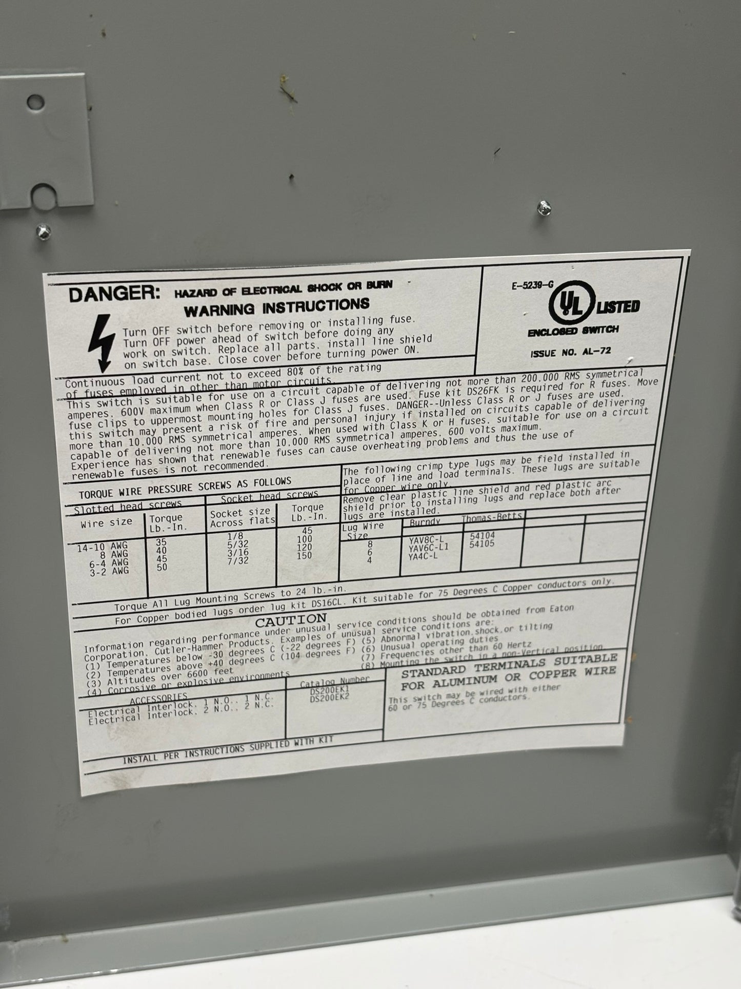 Eaton DH362FGK Cutler-Hammer Heavy Duty Safety Switch, 3P, 60A, 600V, 60Hz, No Box