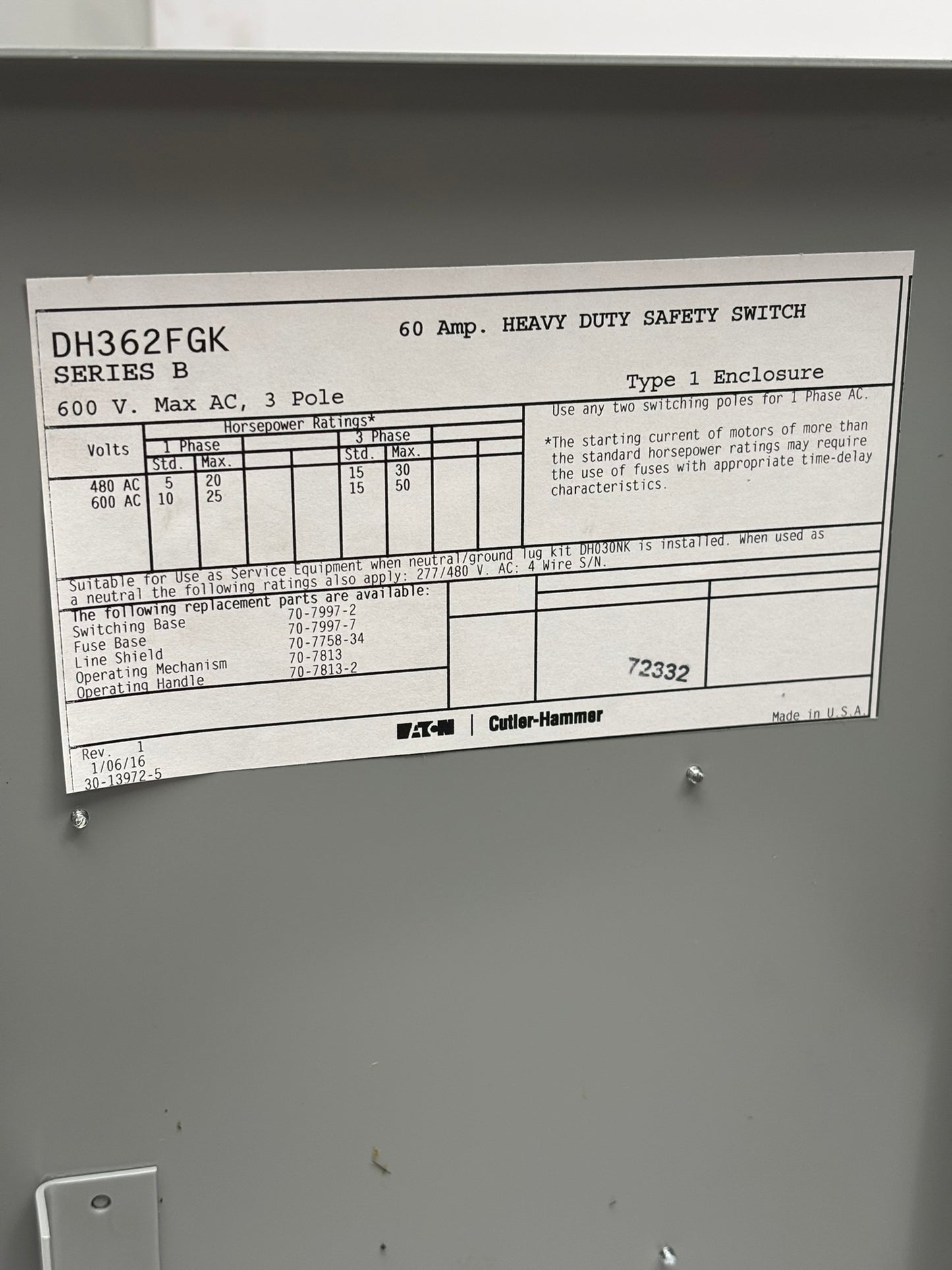 Eaton DH362FGK Cutler-Hammer Heavy Duty Safety Switch, 3P, 60A, 600V, 60Hz, No Box