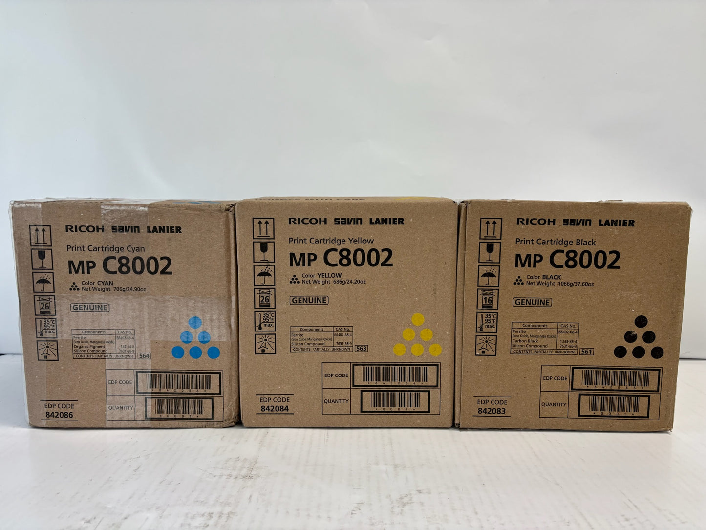 3 Genuine Ricoh MPC6502SP, MPC8002SP CYK Toners 842083,842084,842086